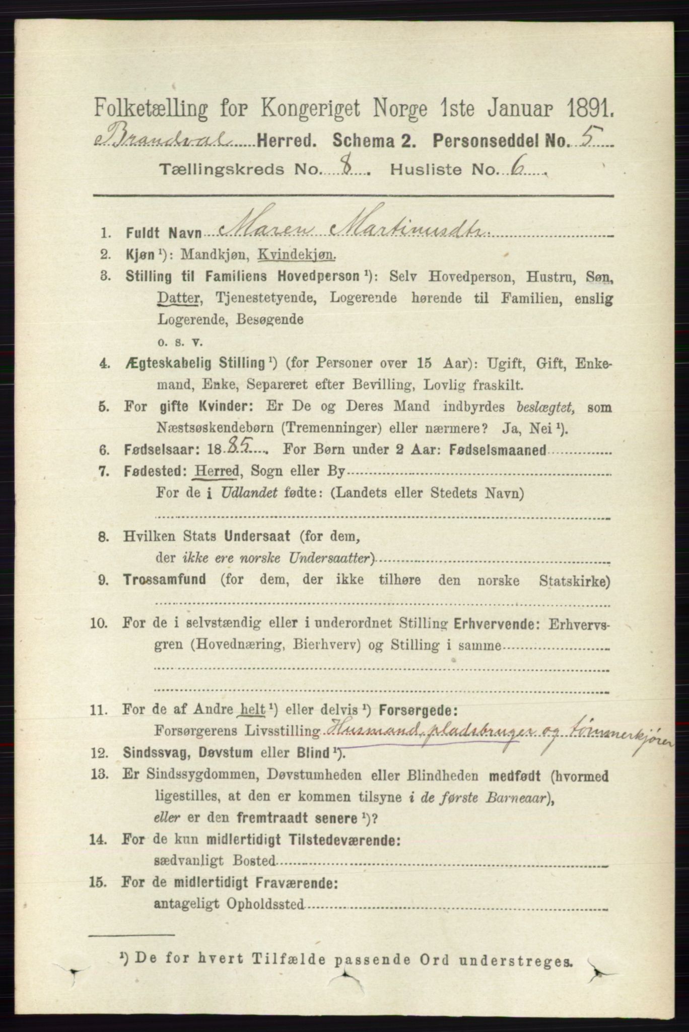 RA, 1891 census for 0422 Brandval, 1891, p. 3869