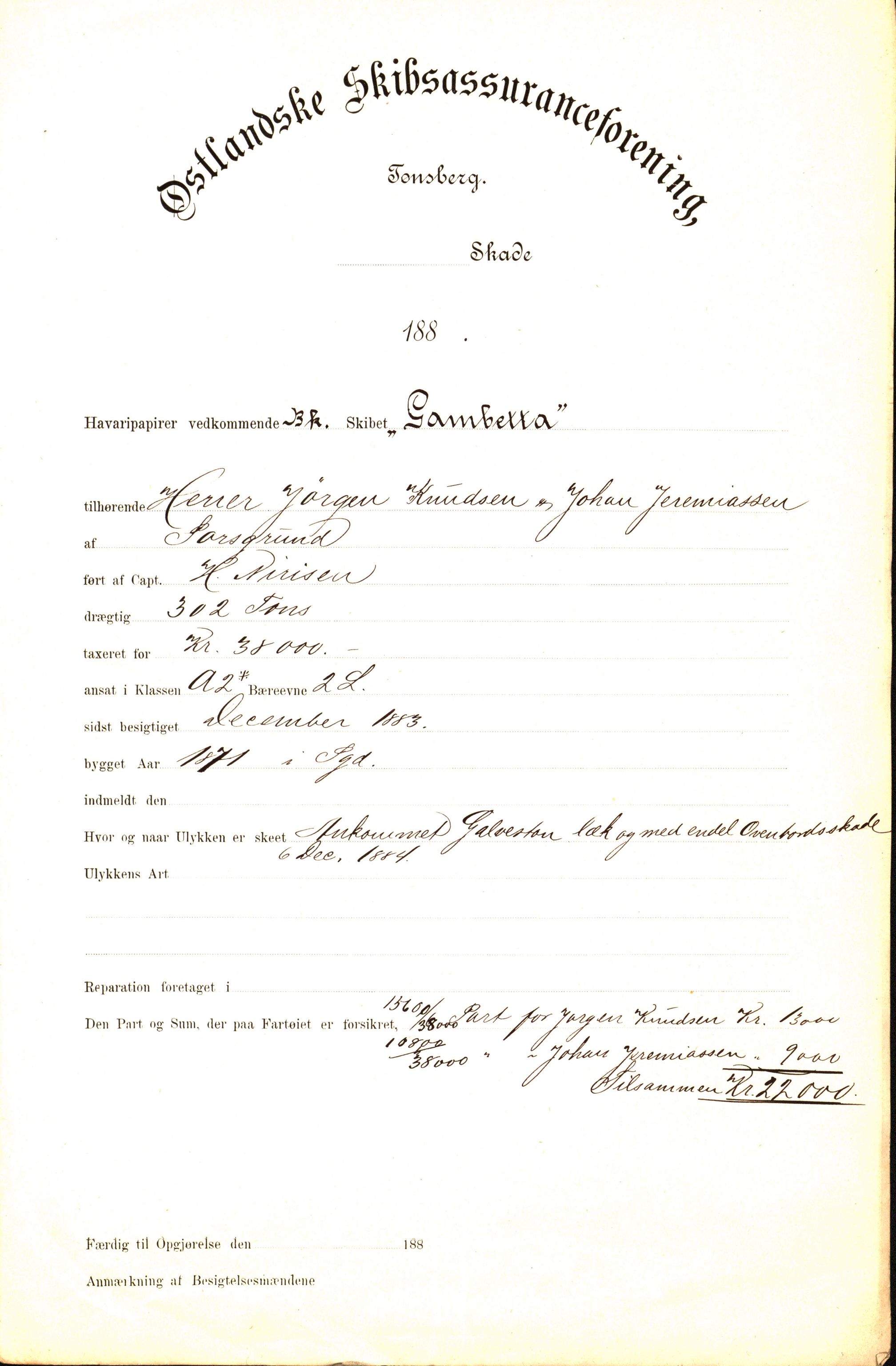 Pa 63 - Østlandske skibsassuranceforening, VEMU/A-1079/G/Ga/L0018/0003: Havaridokumenter / Gazelle, Gambetta, Hildur, Botvid, Alvega, America, 1885, p. 5