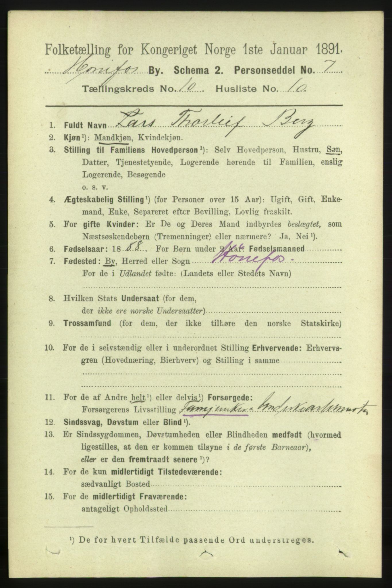 RA, 1891 census for 0601 Hønefoss, 1891, p. 1478