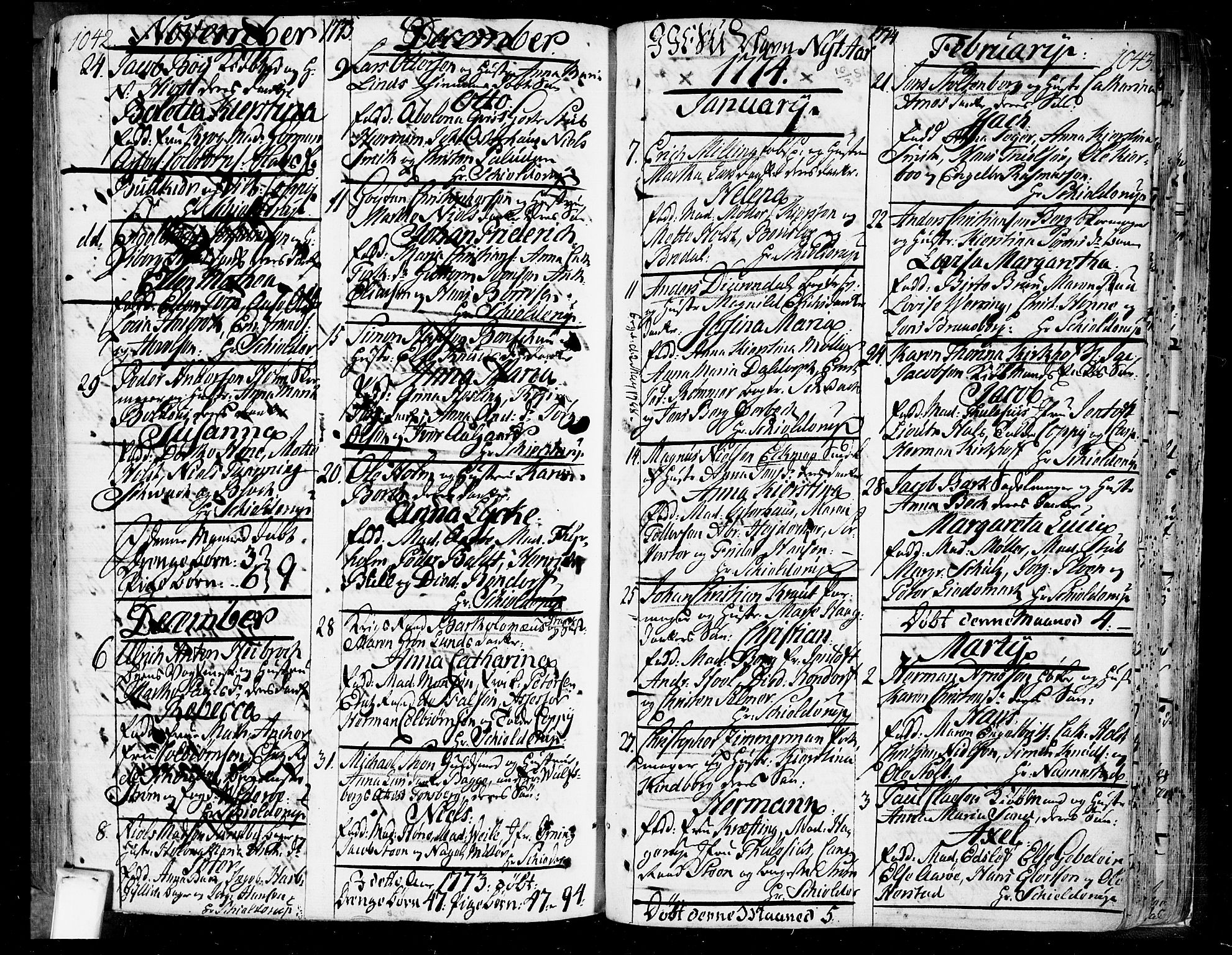 Oslo domkirke Kirkebøker, SAO/A-10752/F/Fa/L0004: Parish register (official) no. 4, 1743-1786, p. 1042-1043