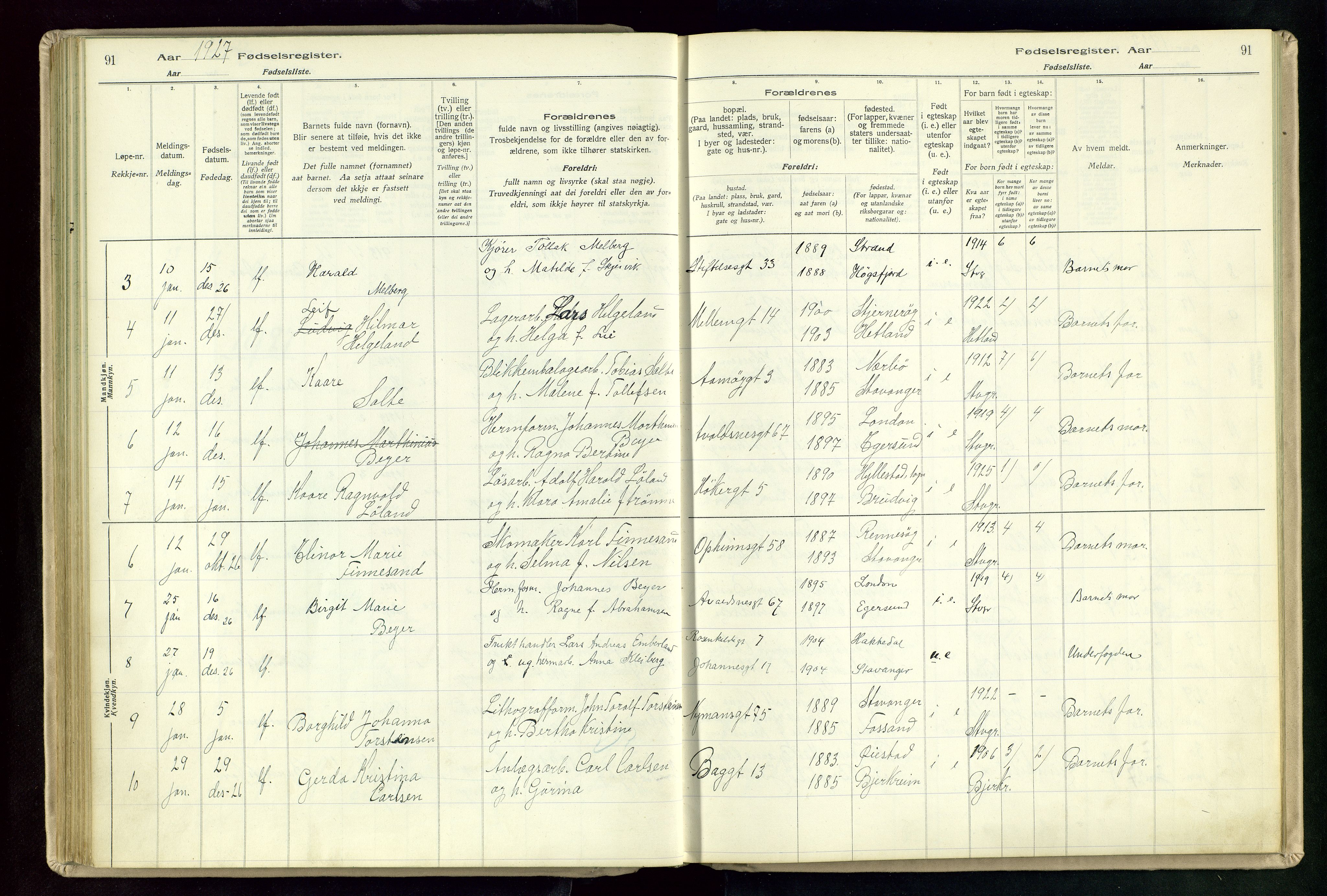 St. Johannes sokneprestkontor, SAST/A-101814/002/A/L0003: Birth register no. 3, 1924-1930, p. 91