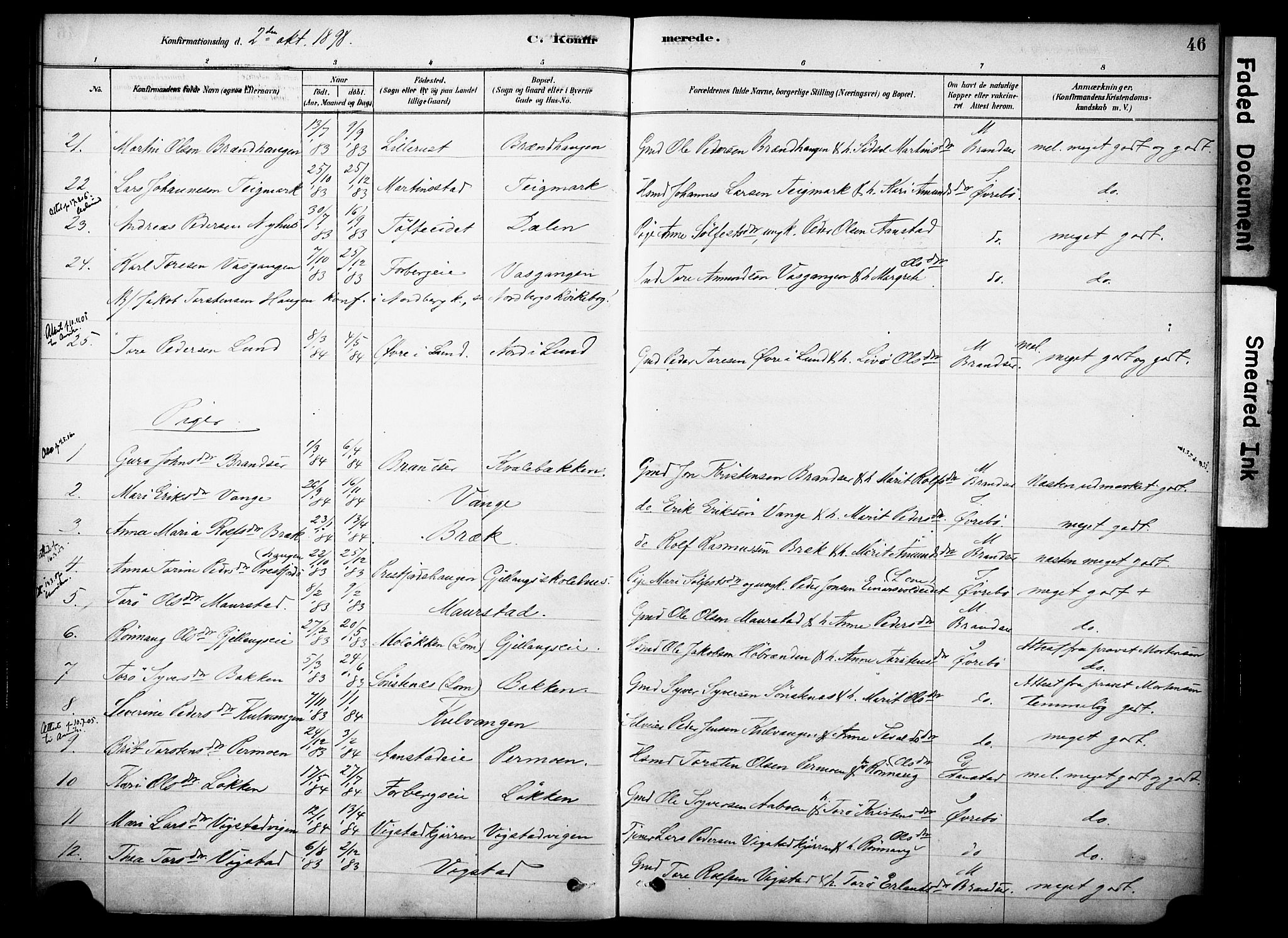 Skjåk prestekontor, SAH/PREST-072/H/Ha/Haa/L0002: Parish register (official) no. 2, 1878-1907, p. 46