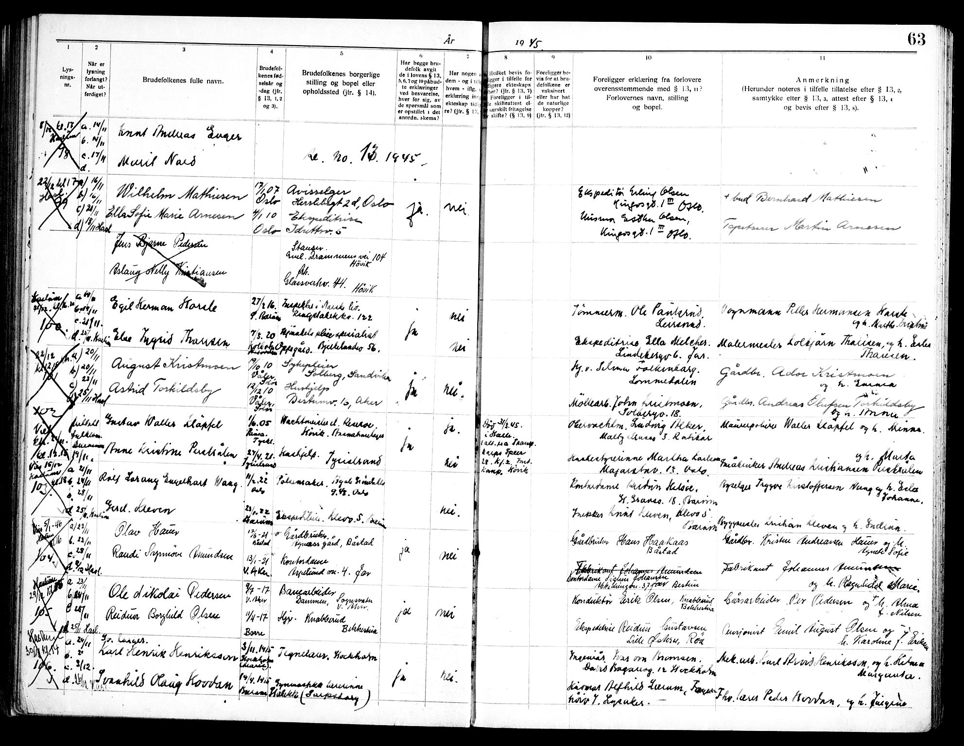 Østre Bærum prestekontor Kirkebøker, AV/SAO-A-10887/H/Ha/L0003: Banns register no. 3, 1940-1947, p. 63
