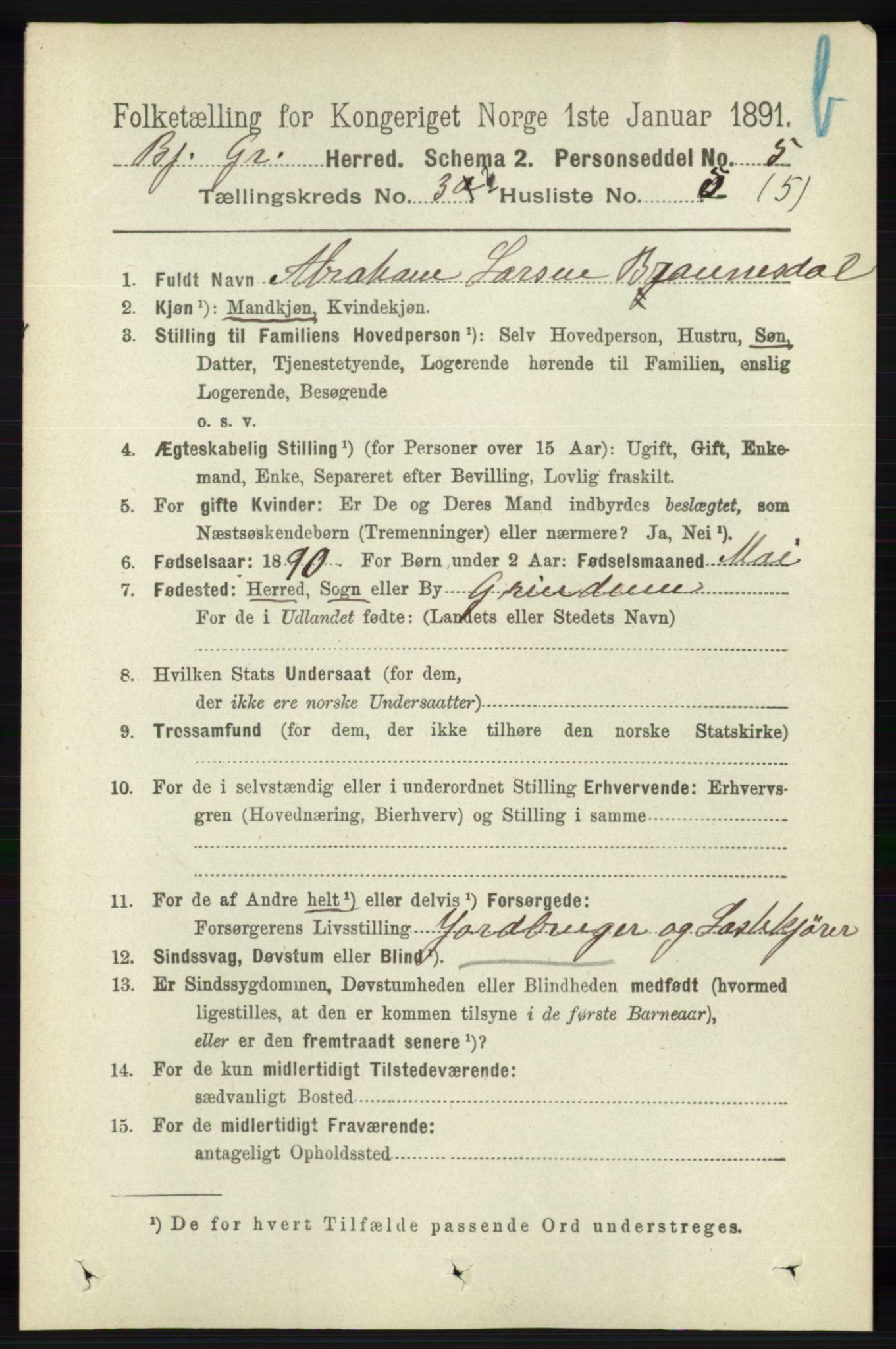RA, 1891 census for 1024 Bjelland og Grindheim, 1891, p. 1811