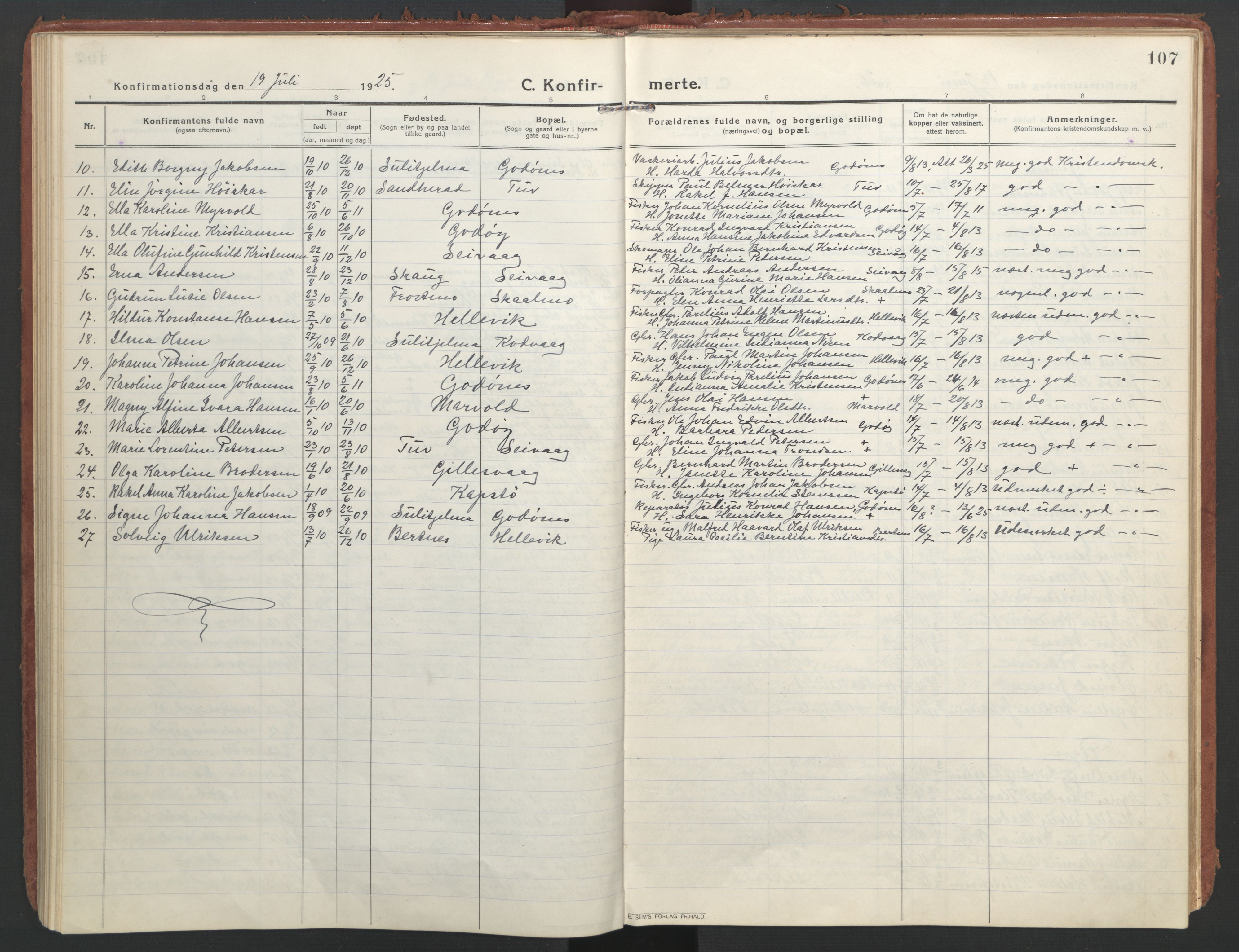 Ministerialprotokoller, klokkerbøker og fødselsregistre - Nordland, SAT/A-1459/804/L0086: Parish register (official) no. 804A07, 1916-1935, p. 107