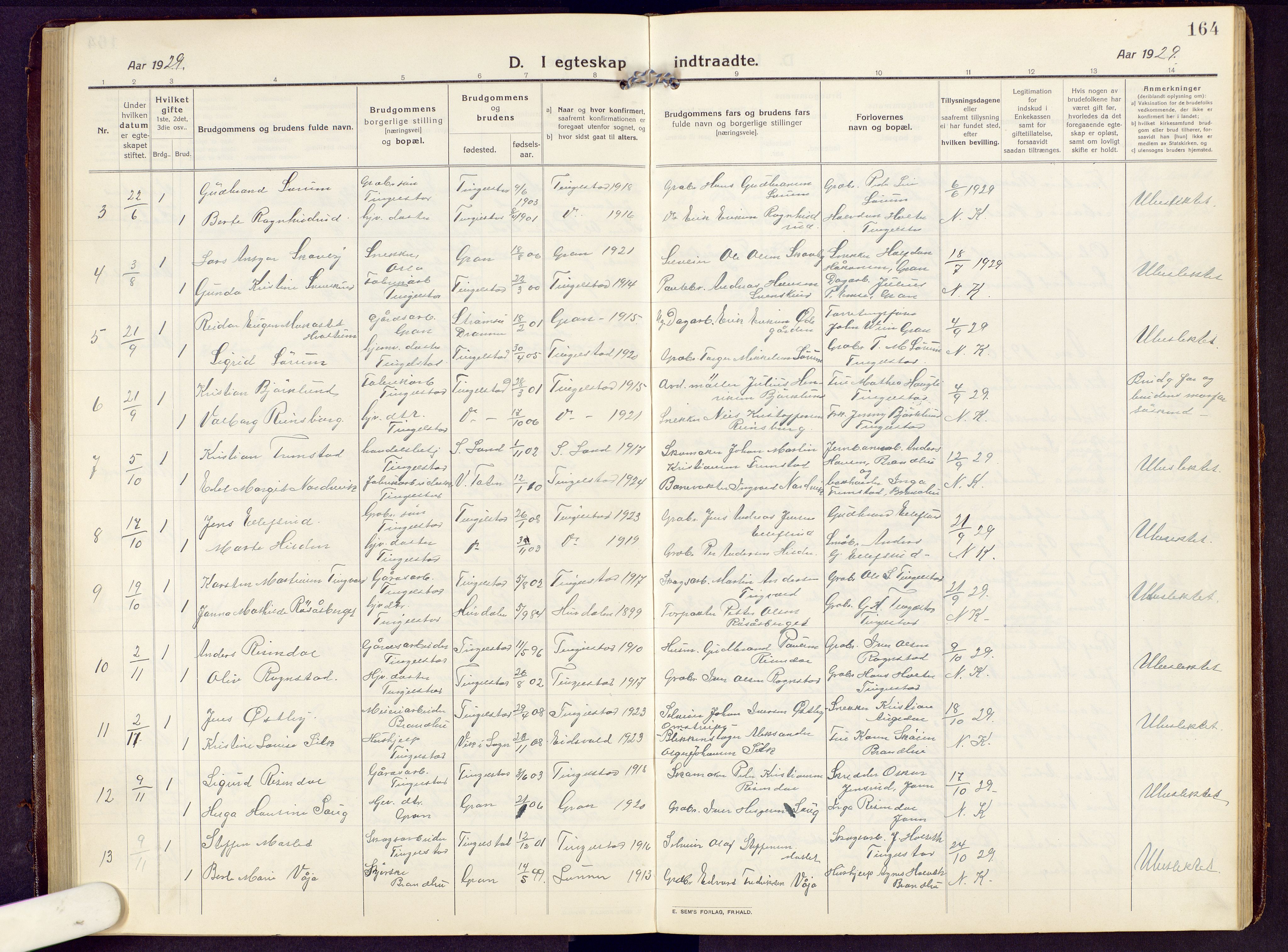 Brandbu prestekontor, SAH/PREST-114/H/Ha/Hab/L0010: Parish register (copy) no. 10, 1916-1930, p. 164