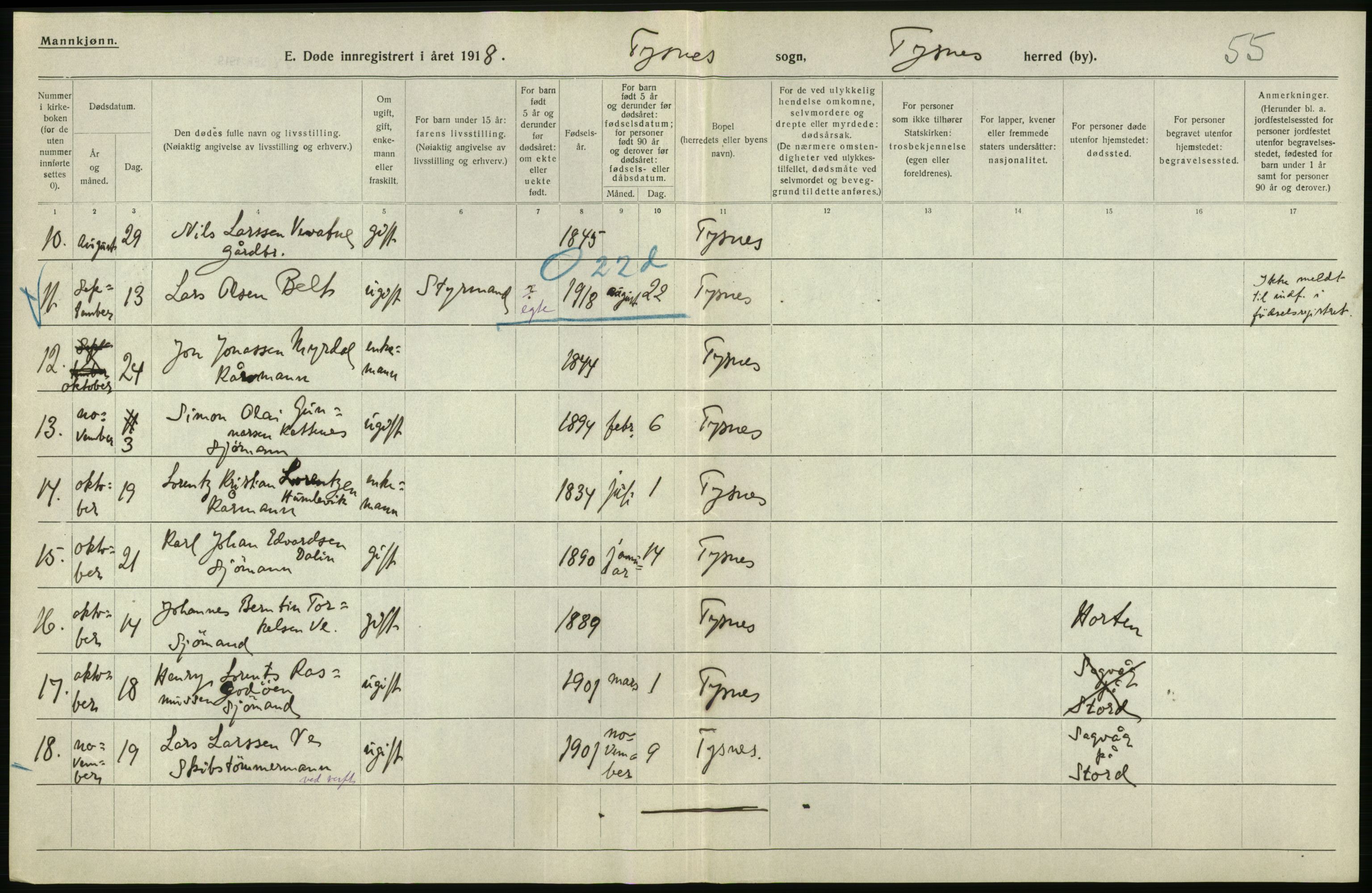 Statistisk sentralbyrå, Sosiodemografiske emner, Befolkning, AV/RA-S-2228/D/Df/Dfb/Dfbh/L0036: Hordaland fylke: Døde., 1918, p. 94