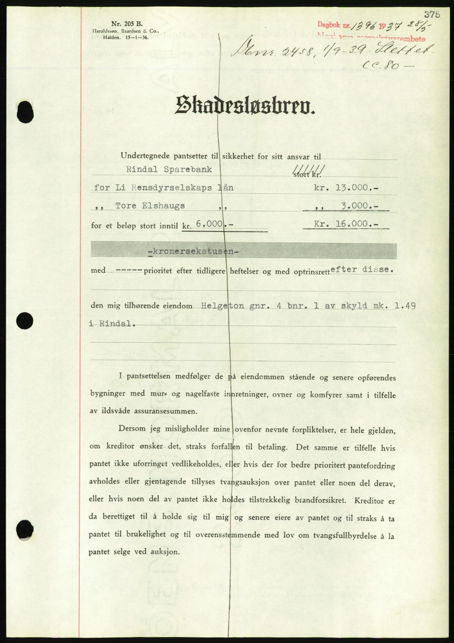 Nordmøre sorenskriveri, AV/SAT-A-4132/1/2/2Ca/L0091: Mortgage book no. B81, 1937-1937, Diary no: : 1396/1937