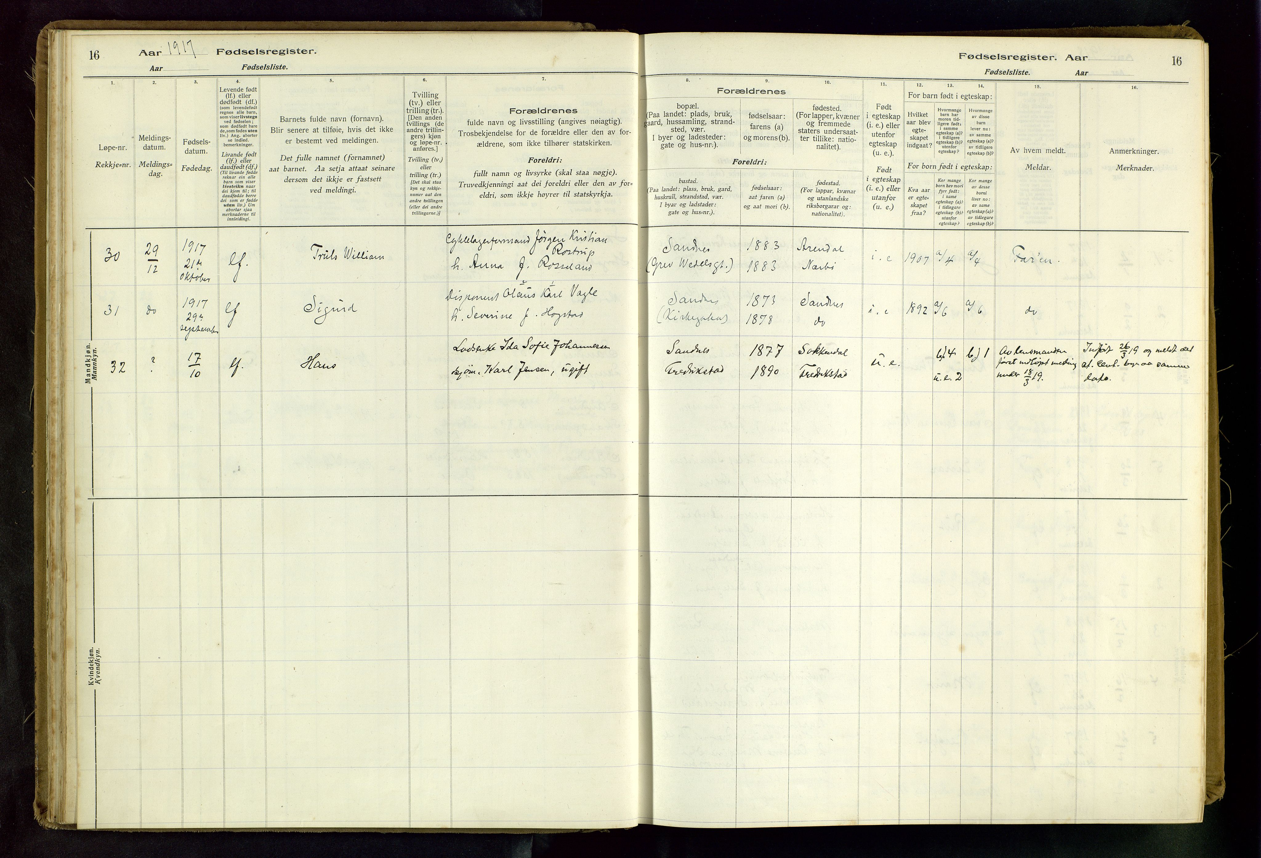 Sandnes sokneprestkontor, SAST/A-101800/704BA/L0001: Birth register no. 1, 1916-1942, p. 16