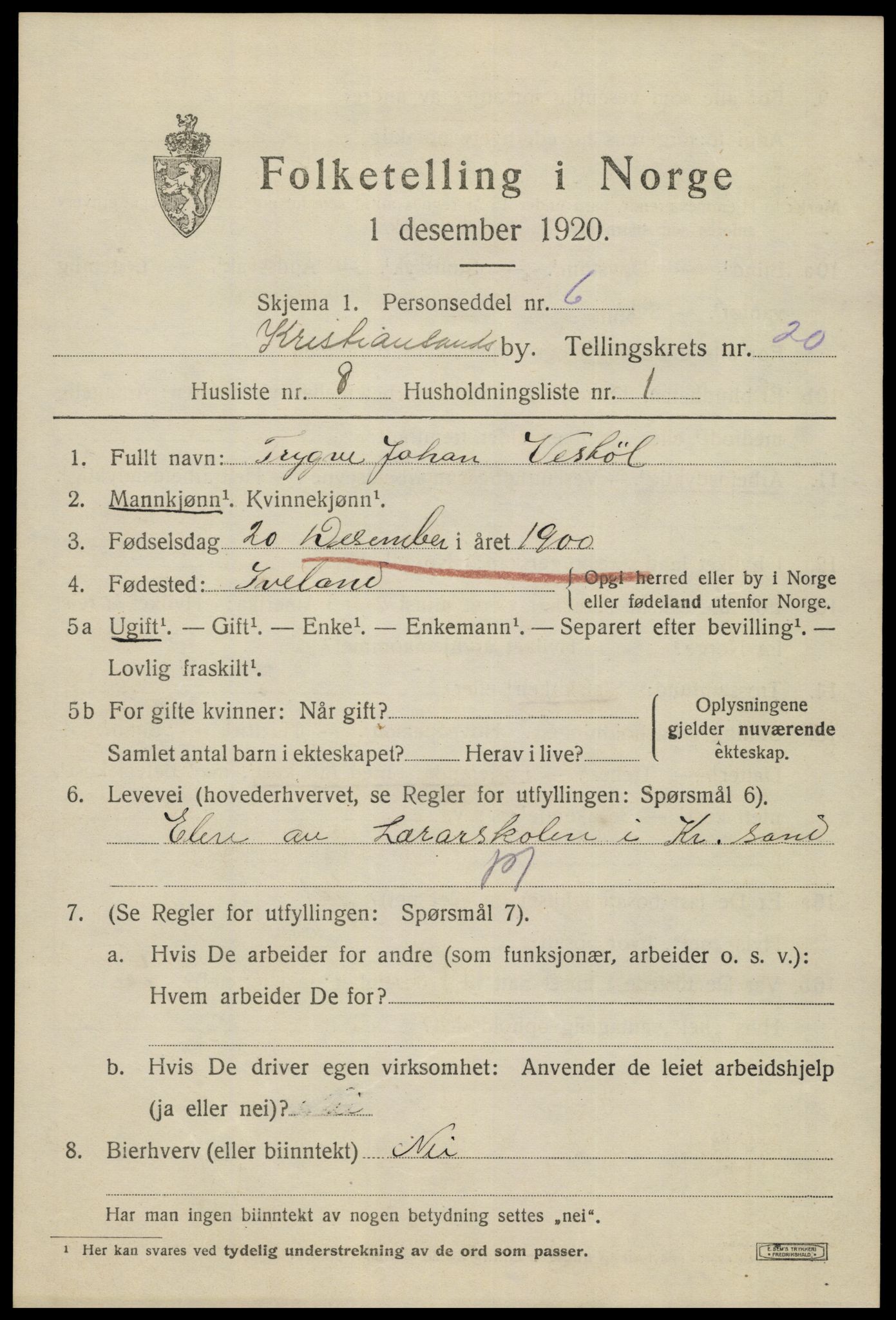 SAK, 1920 census for Kristiansand, 1920, p. 35867