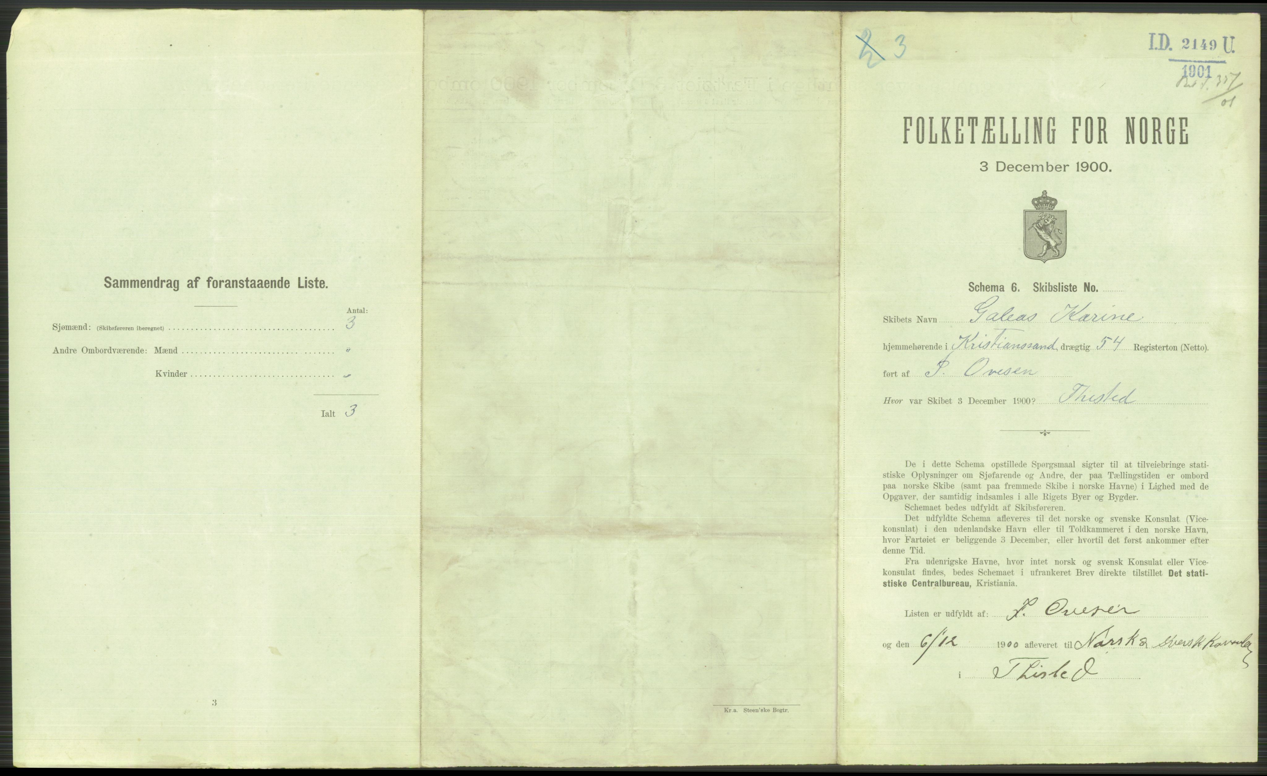 RA, 1900 Census - ship lists from ships in Norwegian harbours, harbours abroad and at sea, 1900, p. 3657