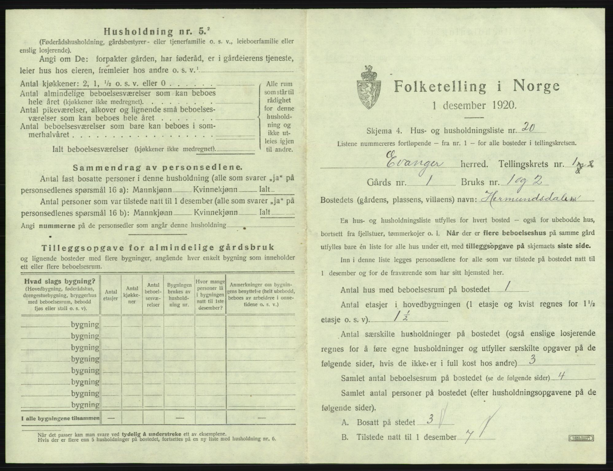 SAB, 1920 census for Evanger, 1920, p. 99