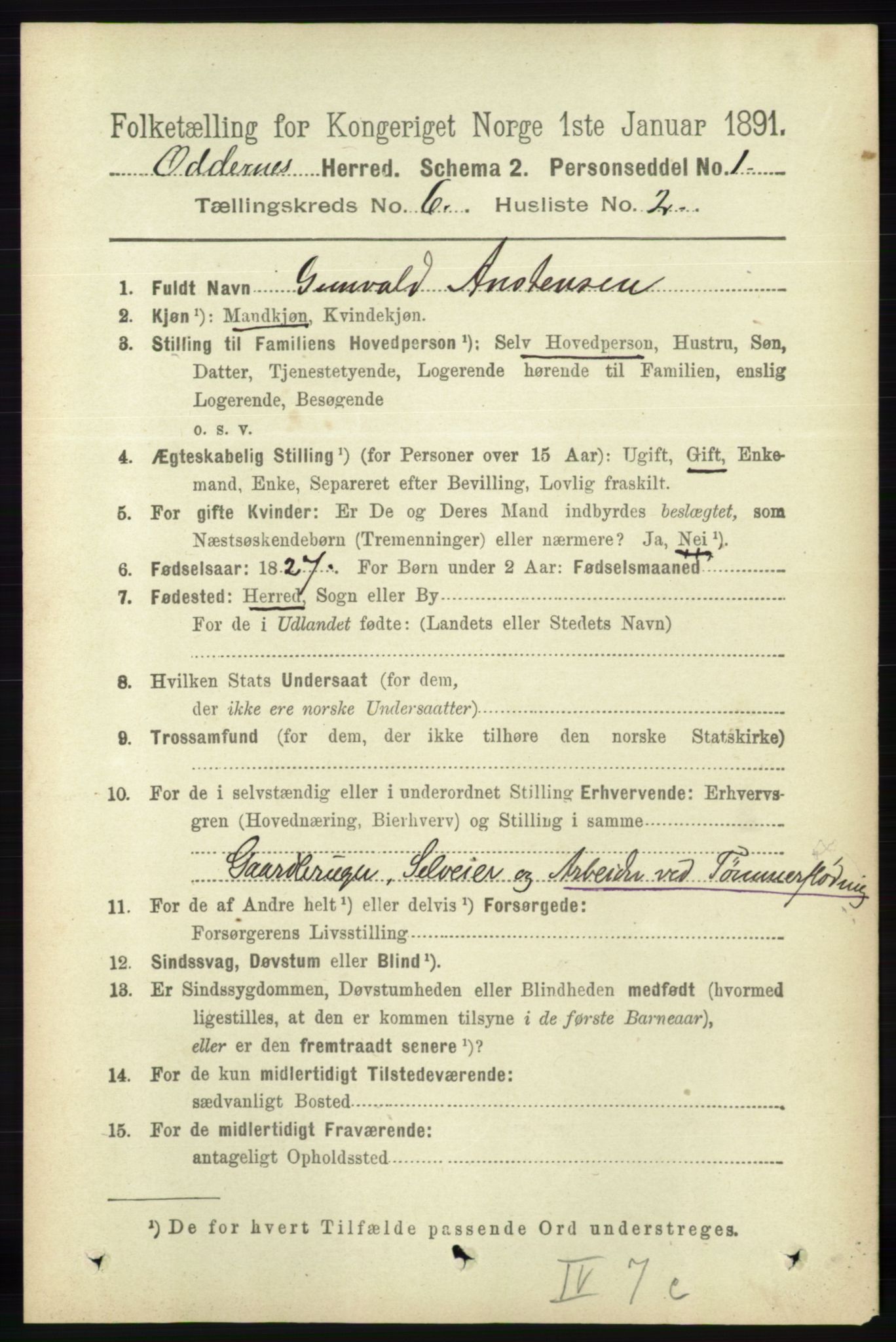 RA, 1891 census for 1012 Oddernes, 1891, p. 2202