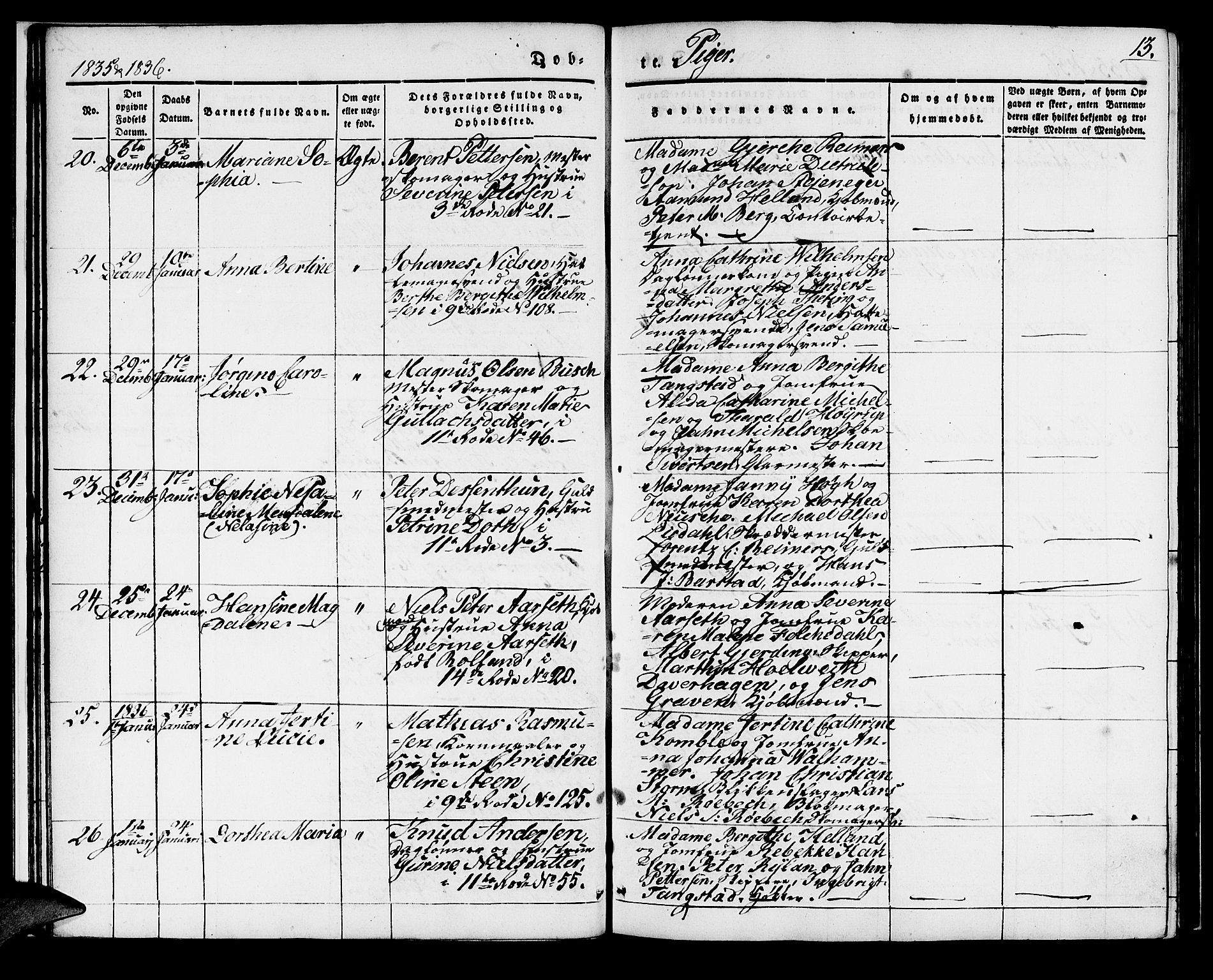Domkirken sokneprestembete, SAB/A-74801/H/Haa/L0015: Parish register (official) no. A 14, 1835-1840, p. 13