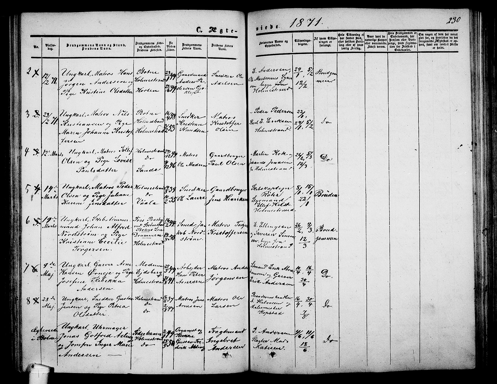Holmestrand kirkebøker, AV/SAKO-A-346/G/Ga/L0003: Parish register (copy) no. 3, 1849-1874, p. 230
