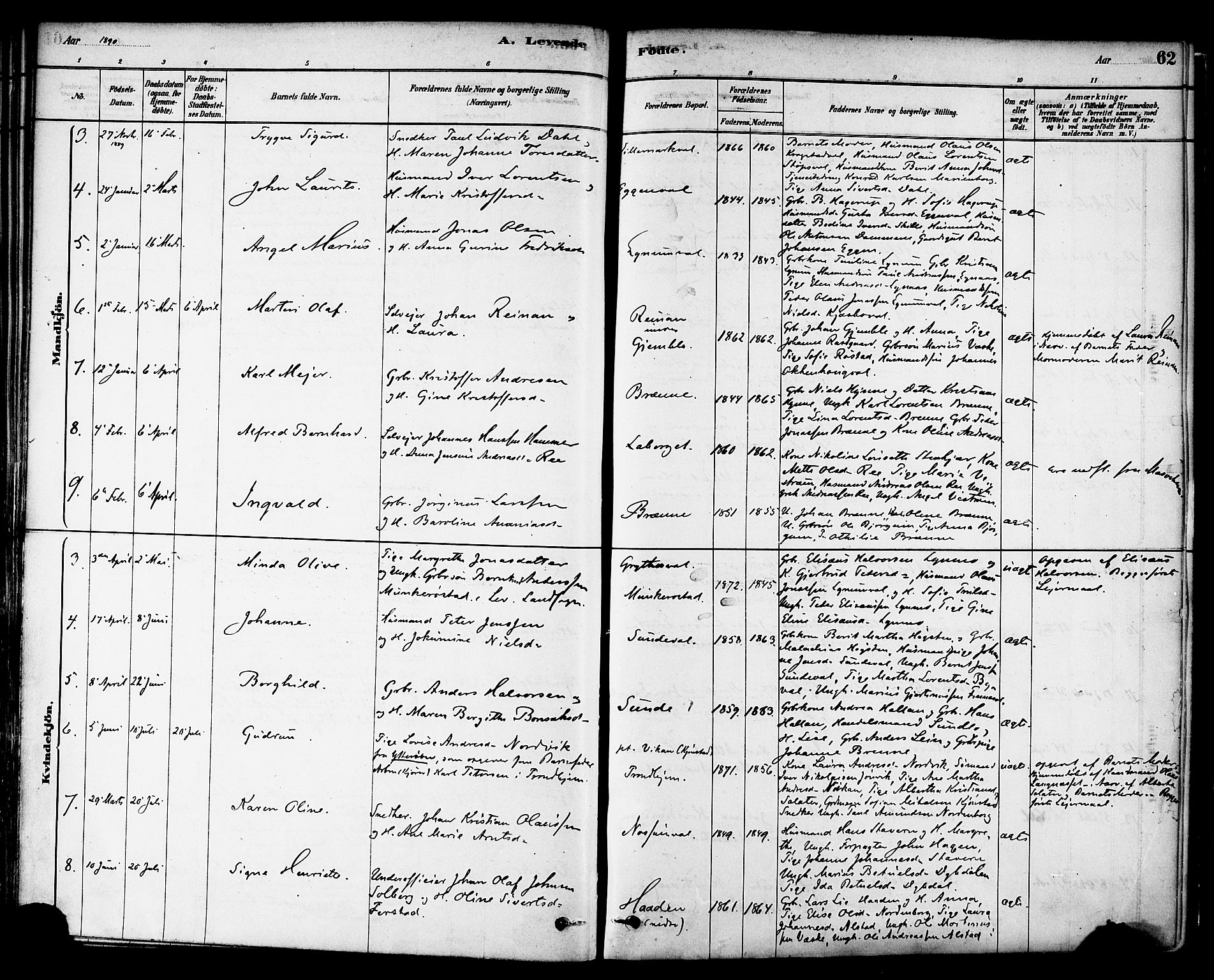 Ministerialprotokoller, klokkerbøker og fødselsregistre - Nord-Trøndelag, AV/SAT-A-1458/717/L0159: Parish register (official) no. 717A09, 1878-1898, p. 62