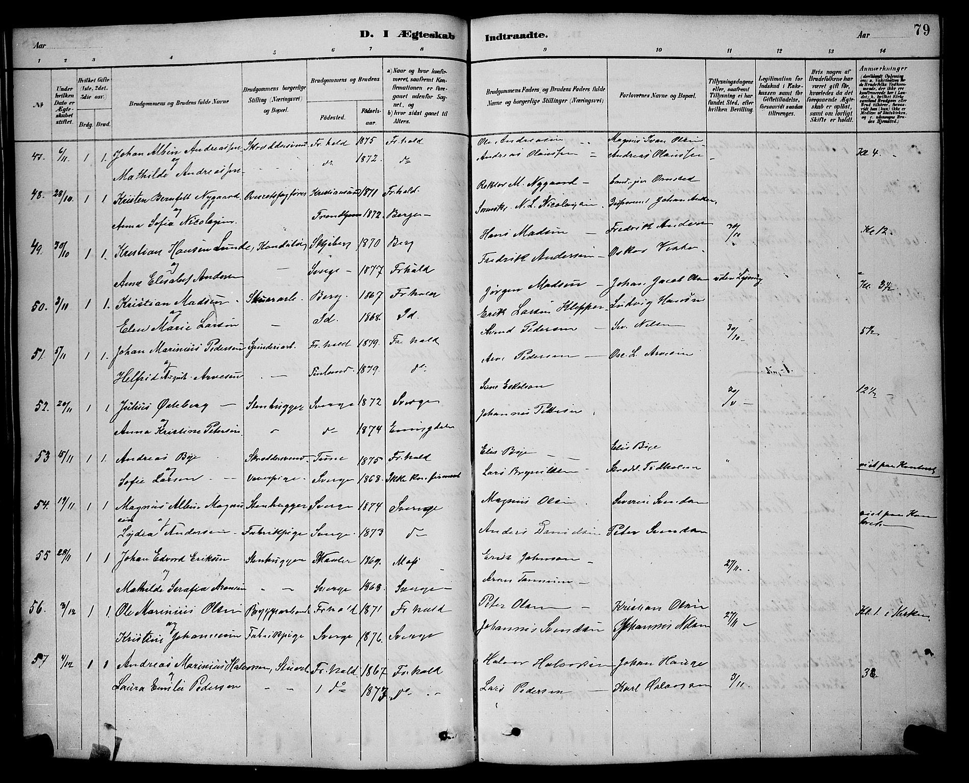 Halden prestekontor Kirkebøker, SAO/A-10909/G/Ga/L0009: Parish register (copy) no. 9, 1885-1908, p. 79