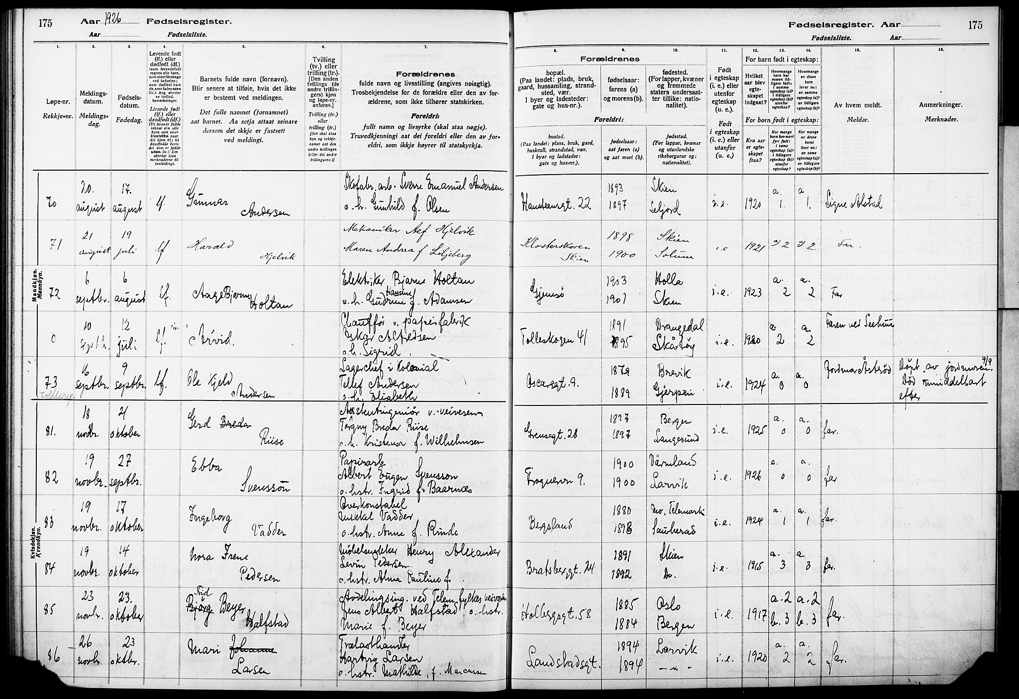 Skien kirkebøker, AV/SAKO-A-302/J/Ja/L0002: Birth register no. 2, 1921-1927, p. 175