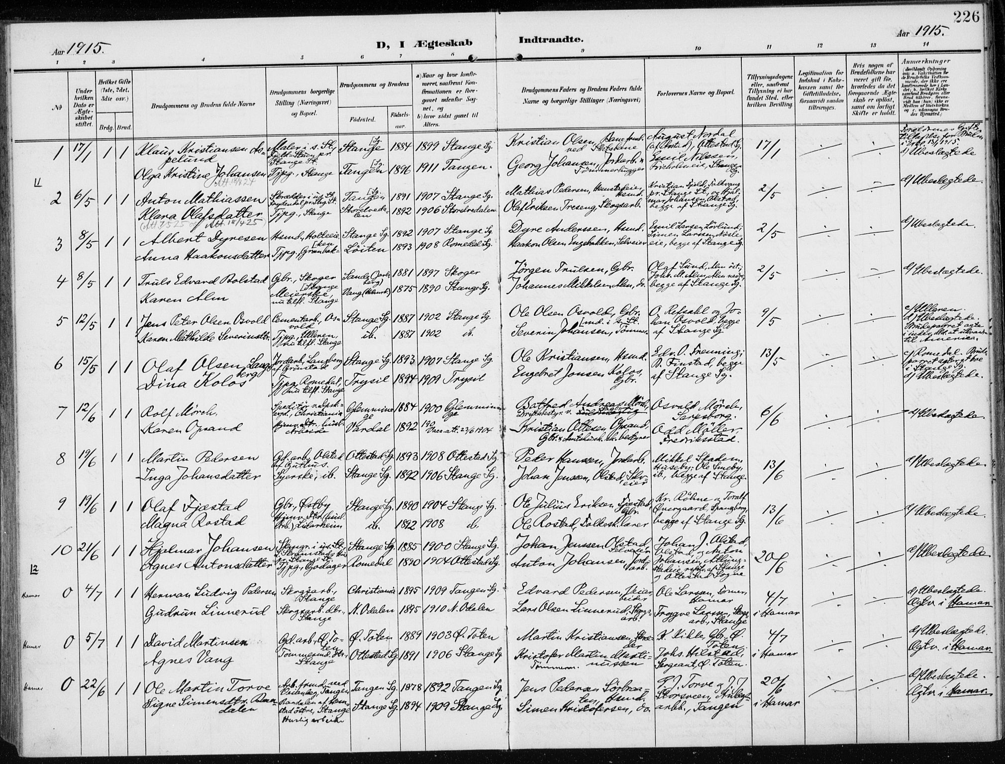 Stange prestekontor, SAH/PREST-002/K/L0024: Parish register (official) no. 24, 1906-1922, p. 226