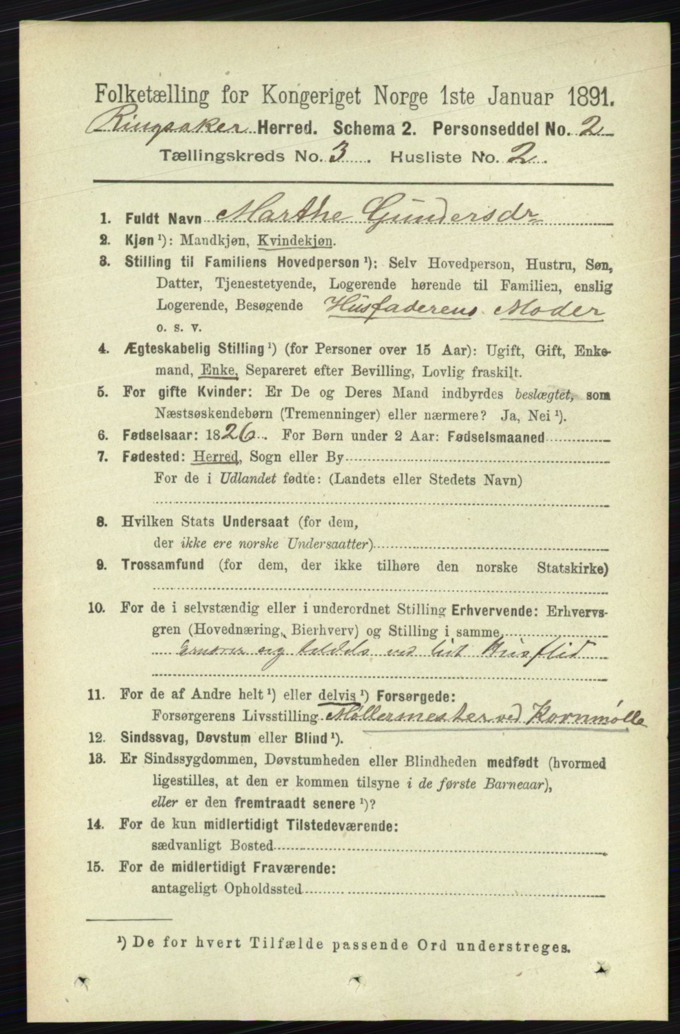 RA, 1891 census for 0412 Ringsaker, 1891, p. 1254