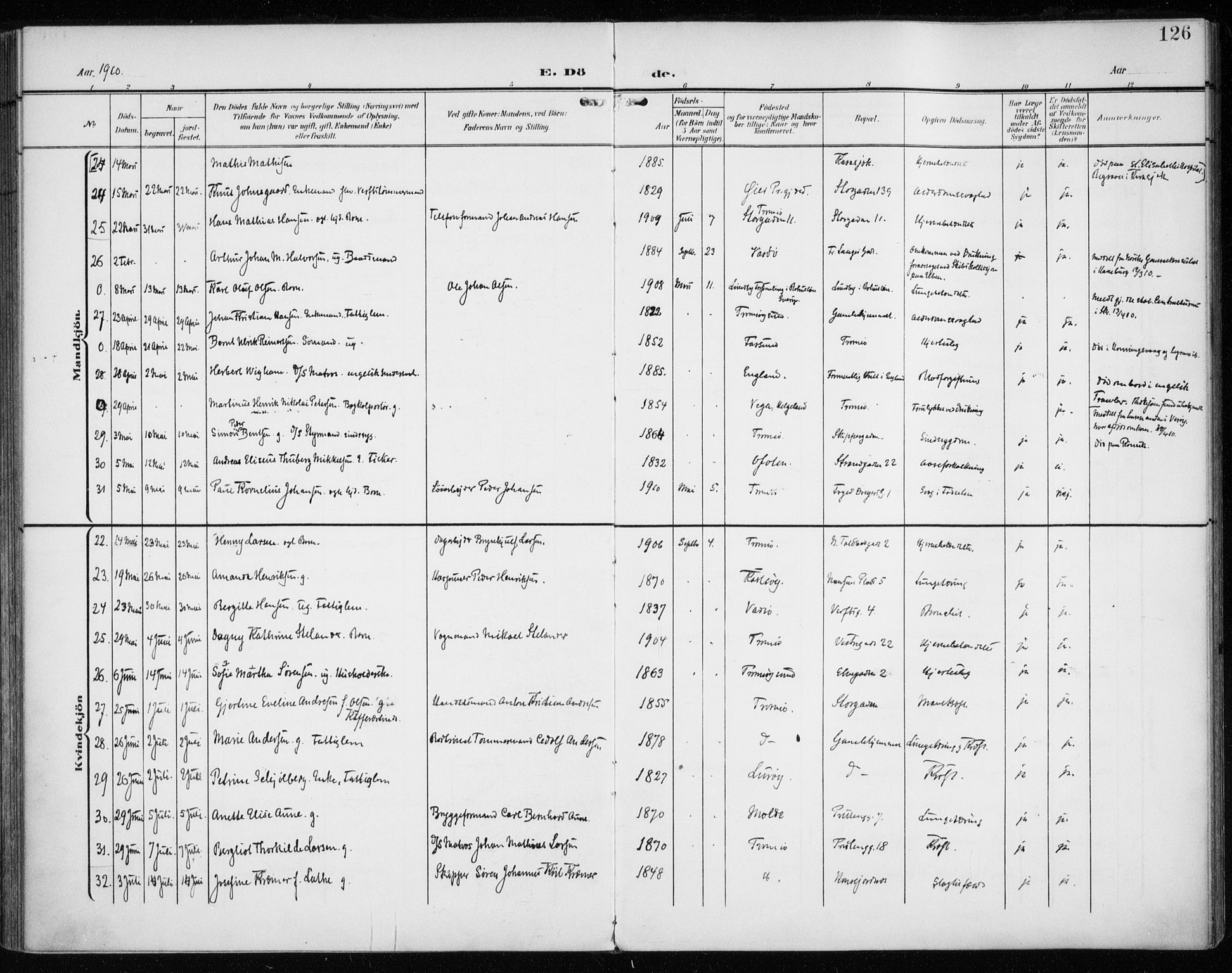 Tromsø sokneprestkontor/stiftsprosti/domprosti, AV/SATØ-S-1343/G/Ga/L0018kirke: Parish register (official) no. 18, 1907-1917, p. 126