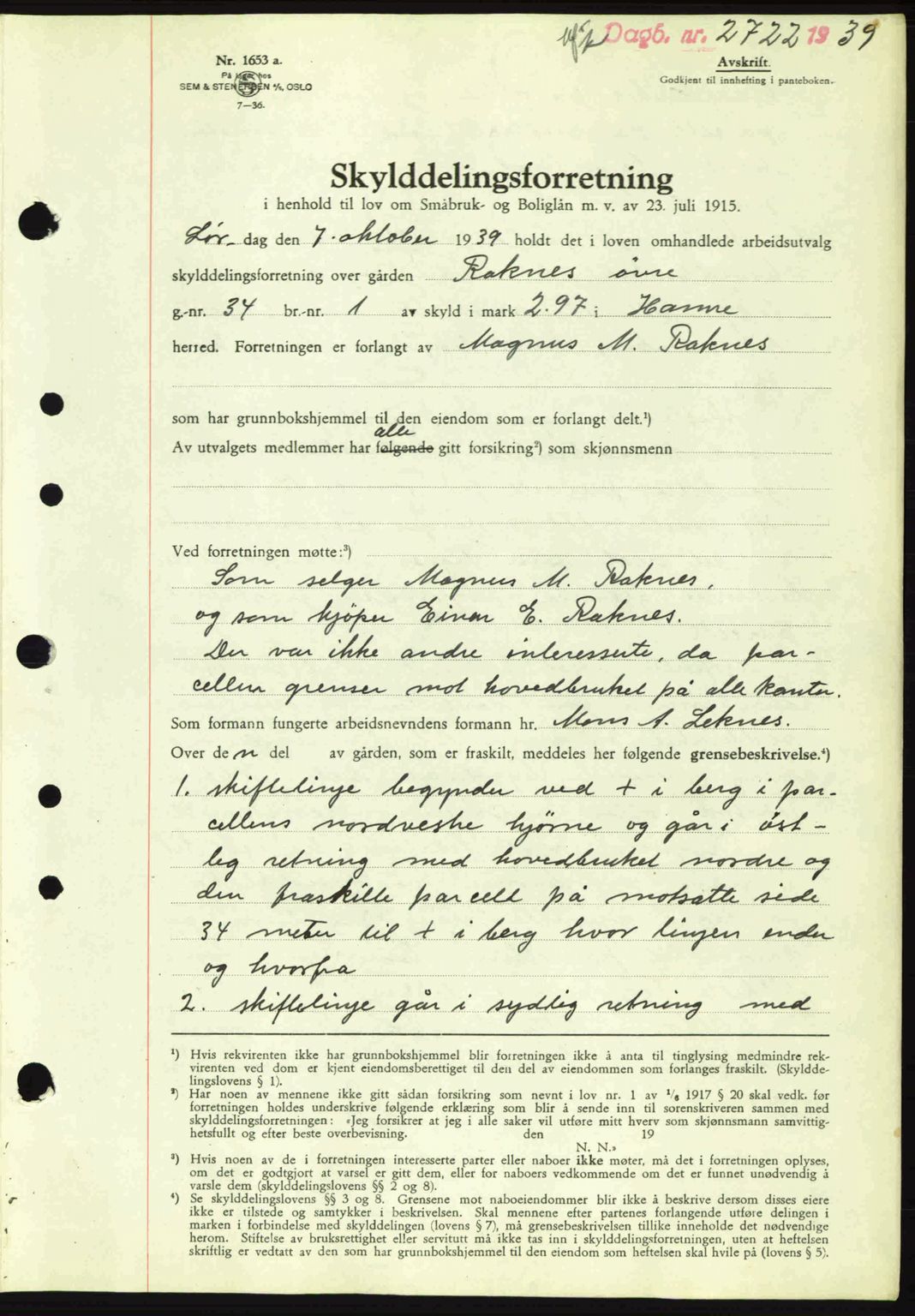 Nordhordland sorenskrivar, AV/SAB-A-2901/1/G/Gb/Gbf/L0010: Mortgage book no. A10, 1939-1940, Diary no: : 2722/1939