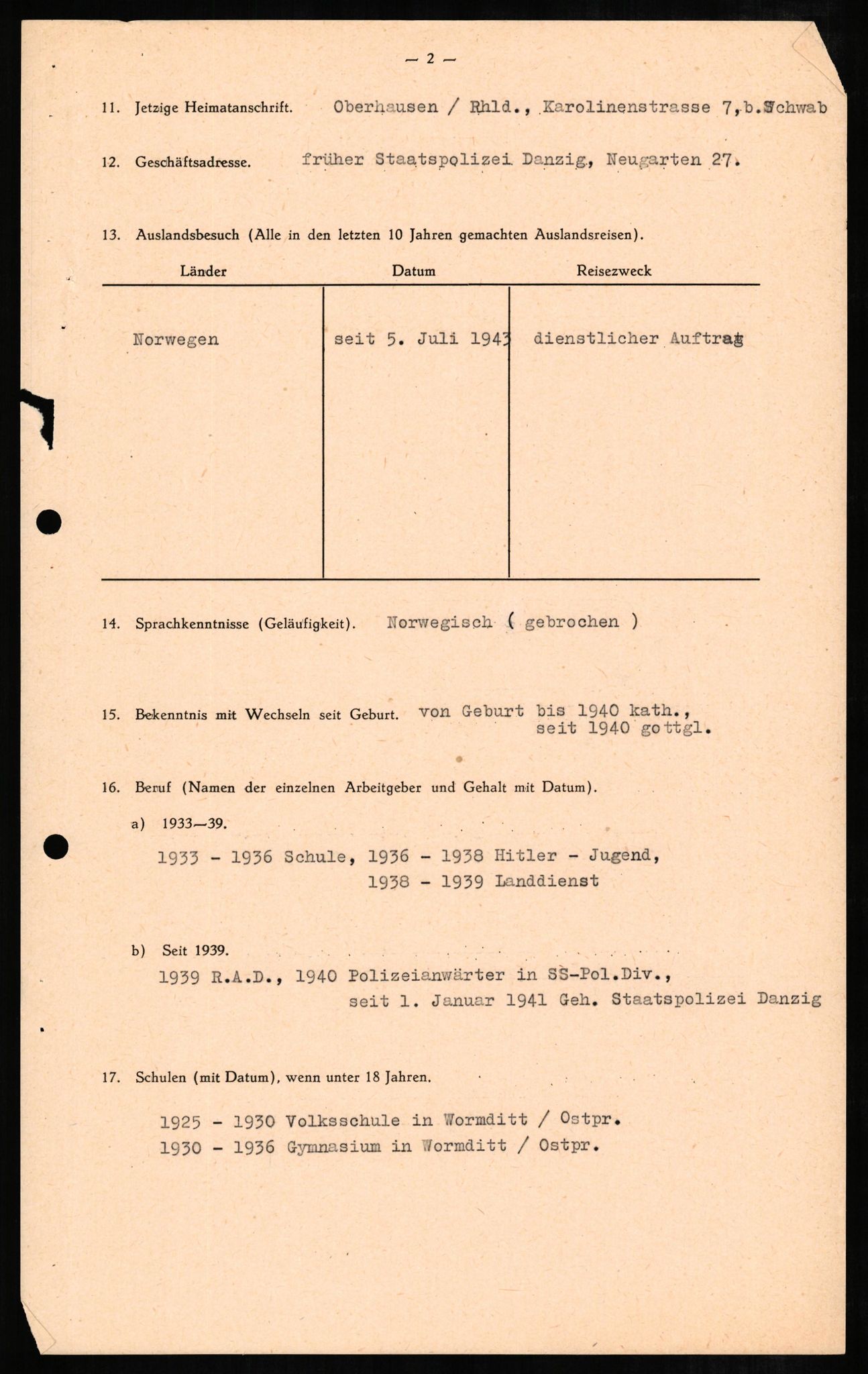 Forsvaret, Forsvarets overkommando II, RA/RAFA-3915/D/Db/L0005: CI Questionaires. Tyske okkupasjonsstyrker i Norge. Tyskere., 1945-1946, p. 347