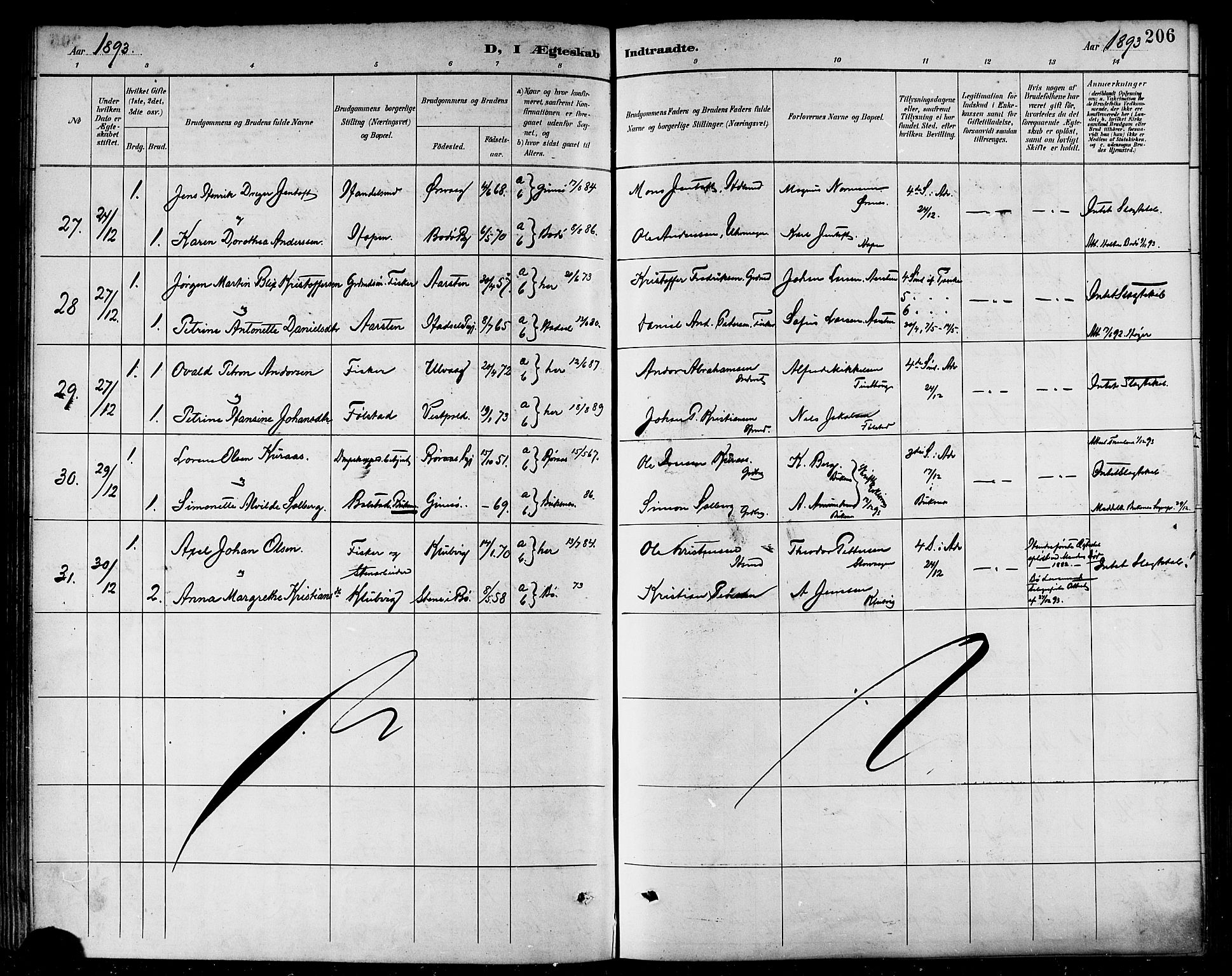 Ministerialprotokoller, klokkerbøker og fødselsregistre - Nordland, AV/SAT-A-1459/874/L1060: Parish register (official) no. 874A04, 1890-1899, p. 206