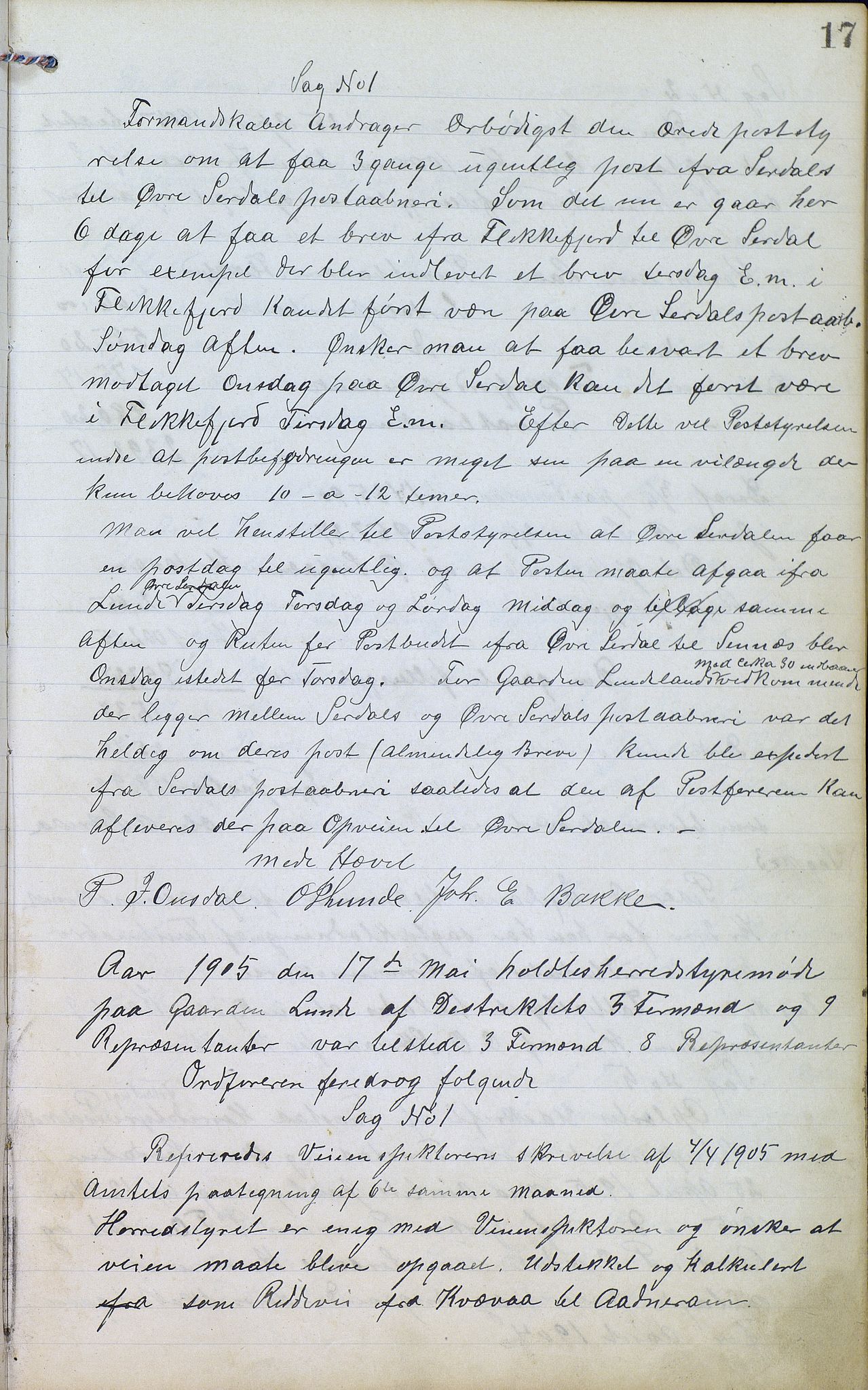 Øvre Sirdal kommune - Formannskapet/Kommunestyret, ARKSOR/1046ØS120/A/L0001: Møtebok (d), 1905-1917, p. 17