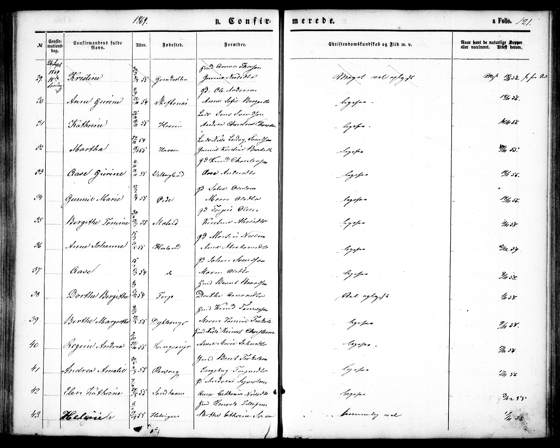 Hommedal sokneprestkontor, AV/SAK-1111-0023/F/Fa/Fab/L0005: Parish register (official) no. A 5, 1861-1877, p. 121