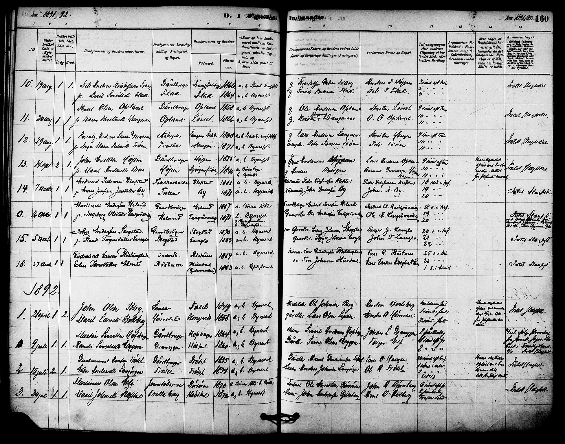 Ministerialprotokoller, klokkerbøker og fødselsregistre - Sør-Trøndelag, SAT/A-1456/612/L0378: Parish register (official) no. 612A10, 1878-1897, p. 160