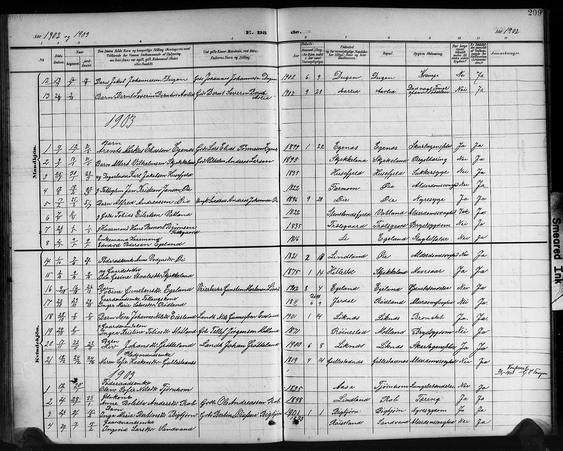 Kvinesdal sokneprestkontor, AV/SAK-1111-0026/F/Fb/Fbb/L0003: Parish register (copy) no. B 3, 1898-1916, p. 209