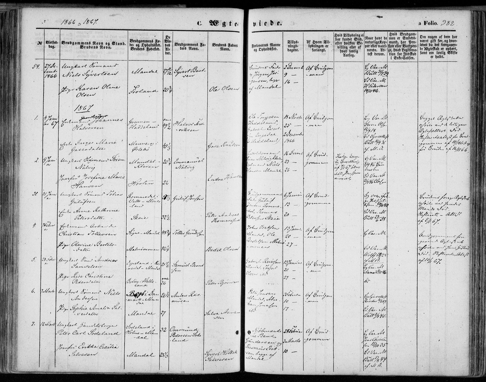 Mandal sokneprestkontor, SAK/1111-0030/F/Fa/Faa/L0014: Parish register (official) no. A 14, 1859-1872, p. 382