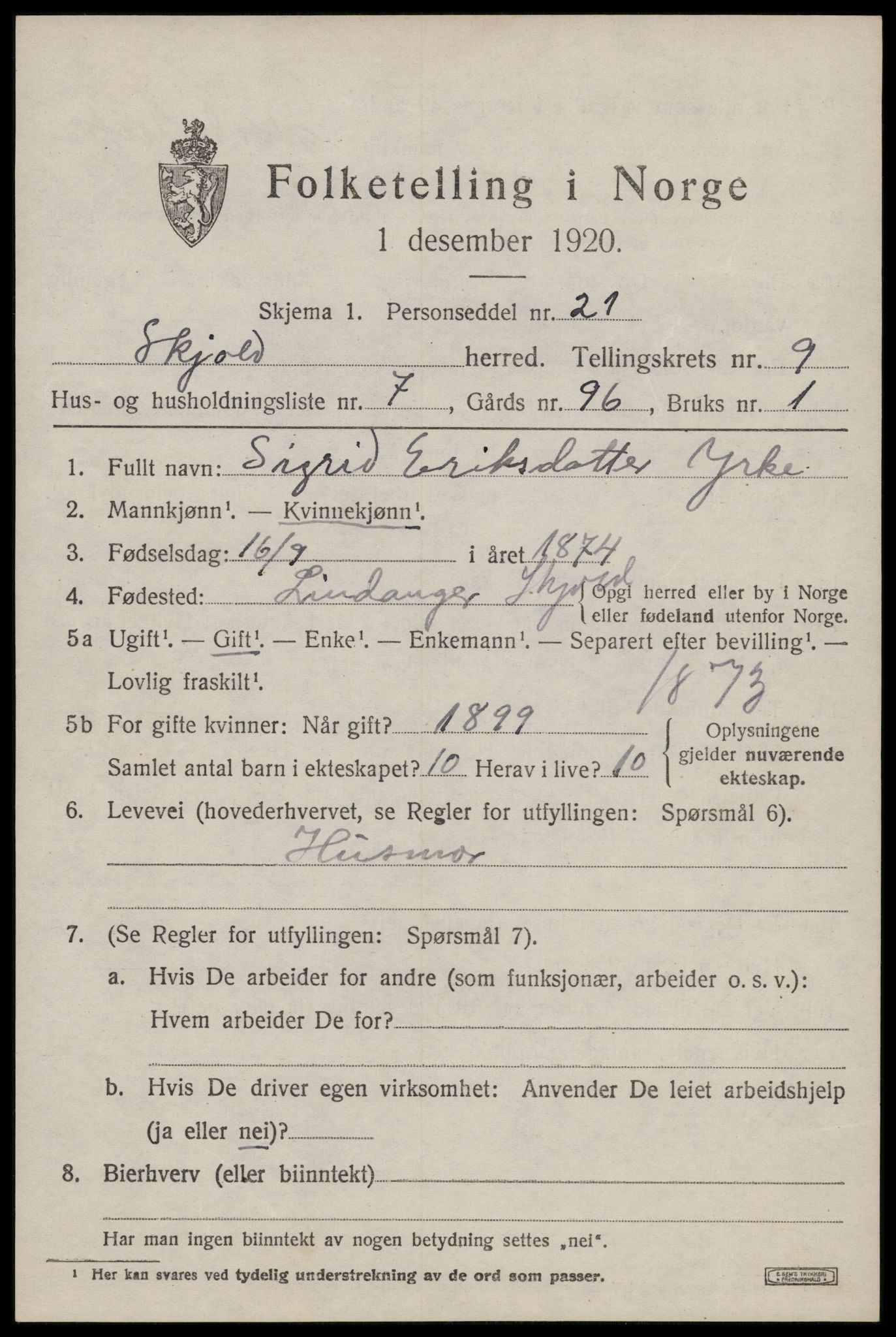 SAST, 1920 census for Skjold, 1920, p. 4426