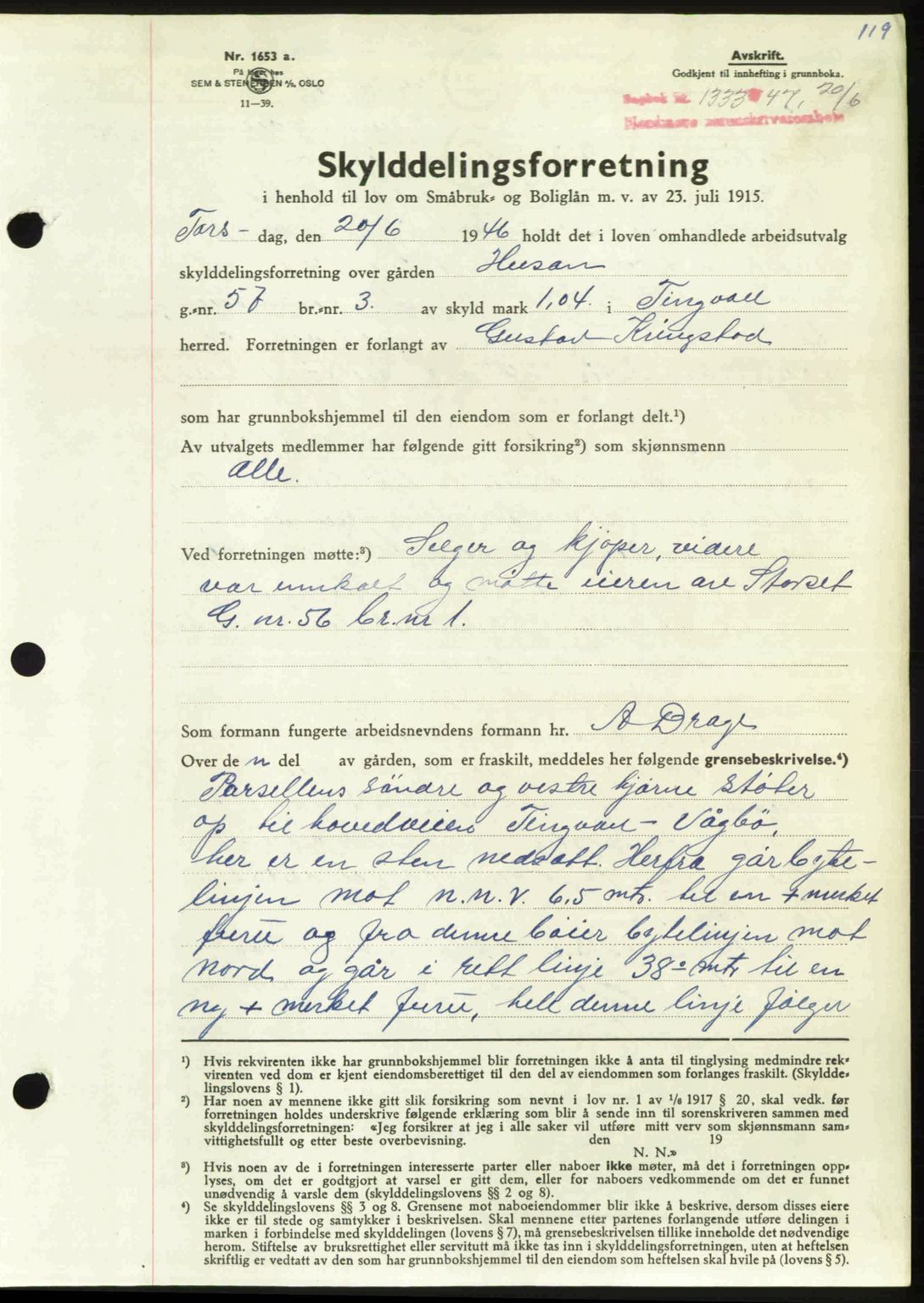 Nordmøre sorenskriveri, AV/SAT-A-4132/1/2/2Ca: Mortgage book no. A105, 1947-1947, Diary no: : 1333/1947