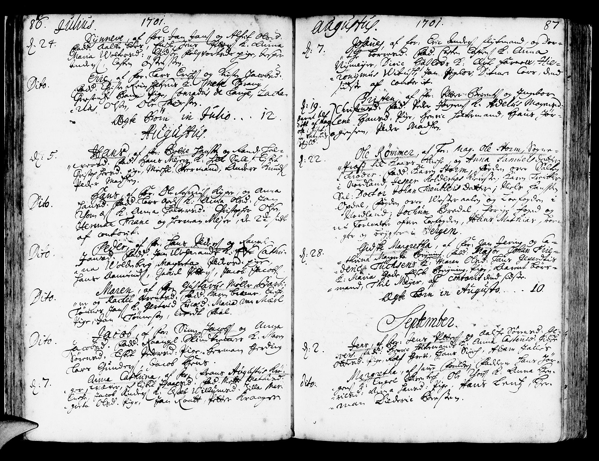 Korskirken sokneprestembete, AV/SAB-A-76101/H/Haa/L0003: Parish register (official) no. A 3, 1698-1719, p. 86-87