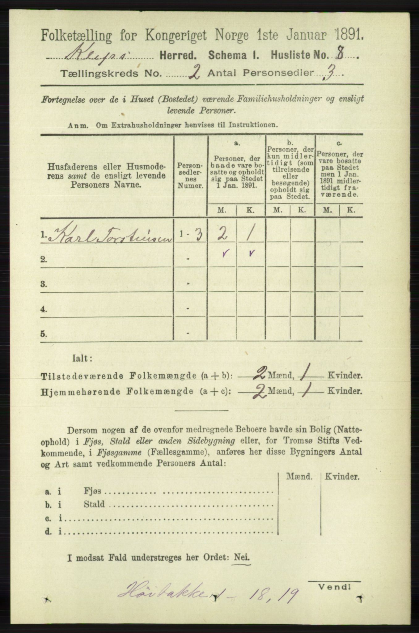 RA, 1891 census for 1120 Klepp, 1891, p. 316