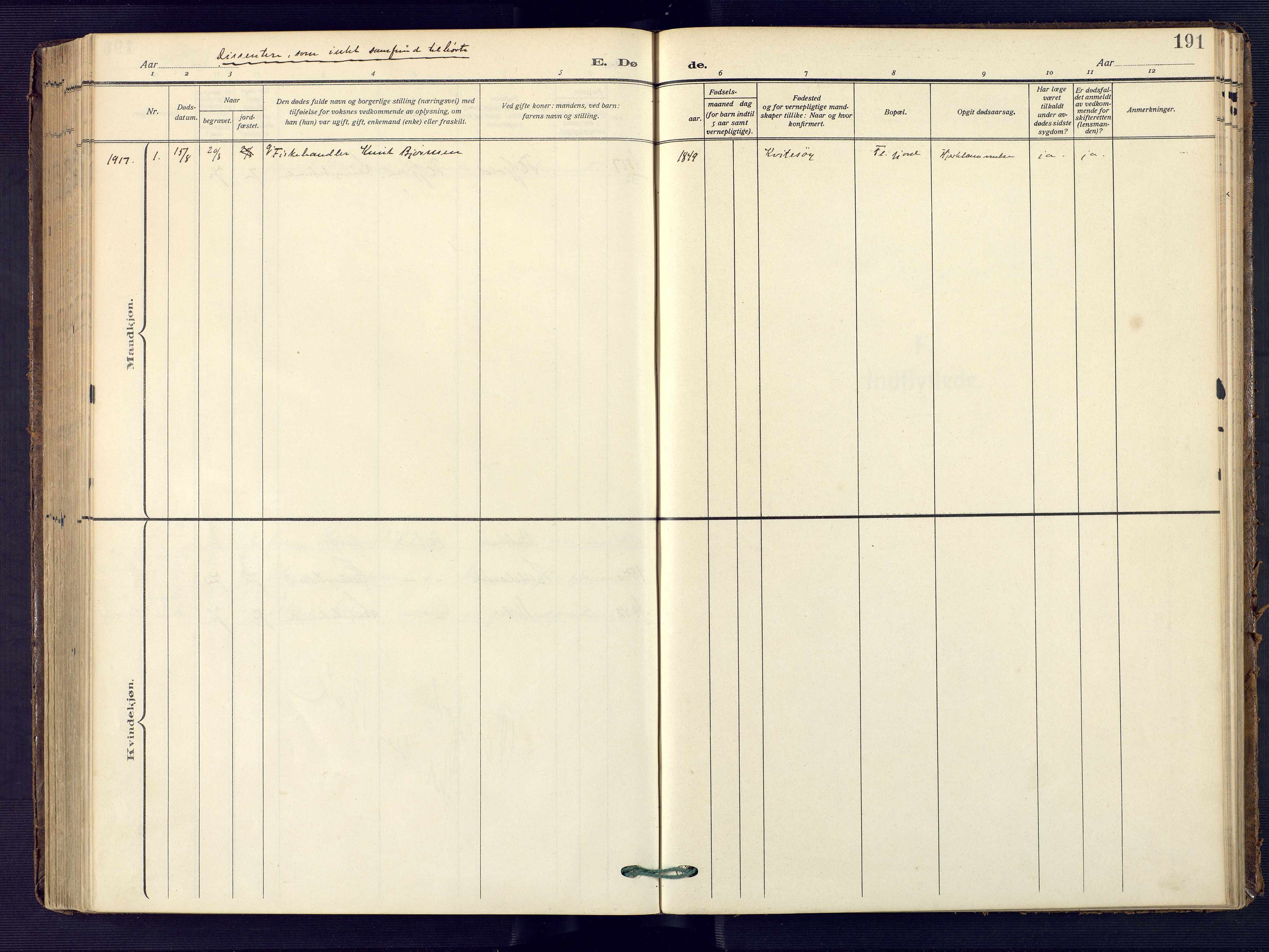 Flekkefjord sokneprestkontor, SAK/1111-0012/F/Fa/Faa/L0003: Parish register (official) no. A 3, 1913-1928, p. 191
