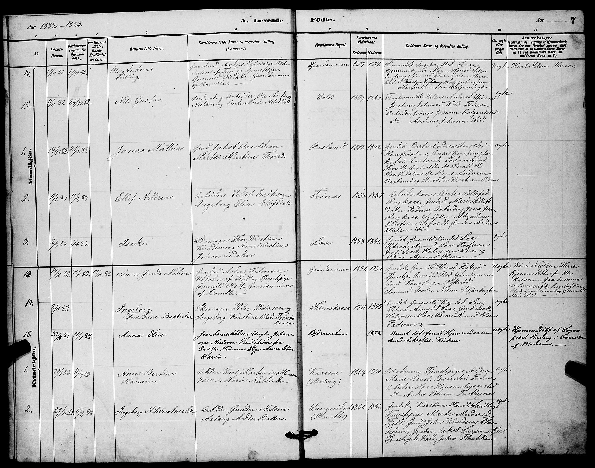 Solum kirkebøker, SAKO/A-306/G/Gc/L0001: Parish register (copy) no. III 1, 1880-1902, p. 7