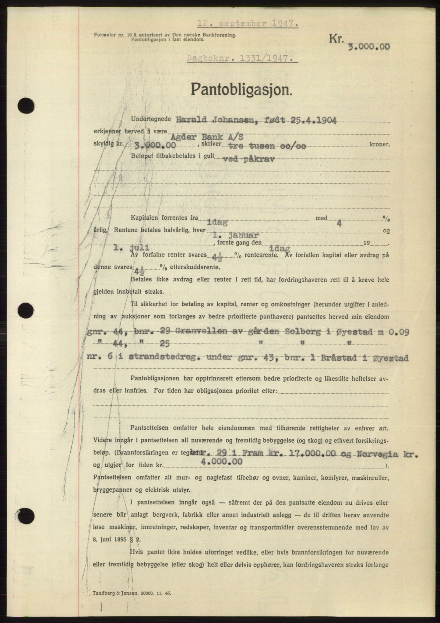 Nedenes sorenskriveri, AV/SAK-1221-0006/G/Gb/Gbb/L0004: Mortgage book no. B4, 1947-1947, Diary no: : 1331/1947