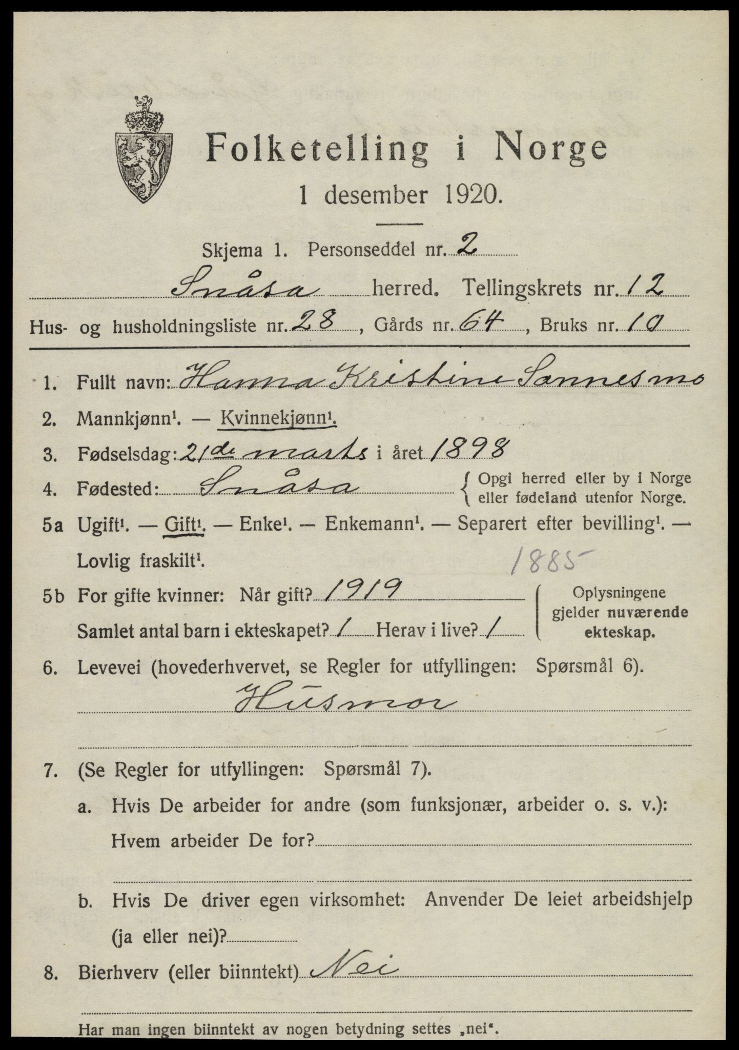 SAT, 1920 census for Snåsa, 1920, p. 5526