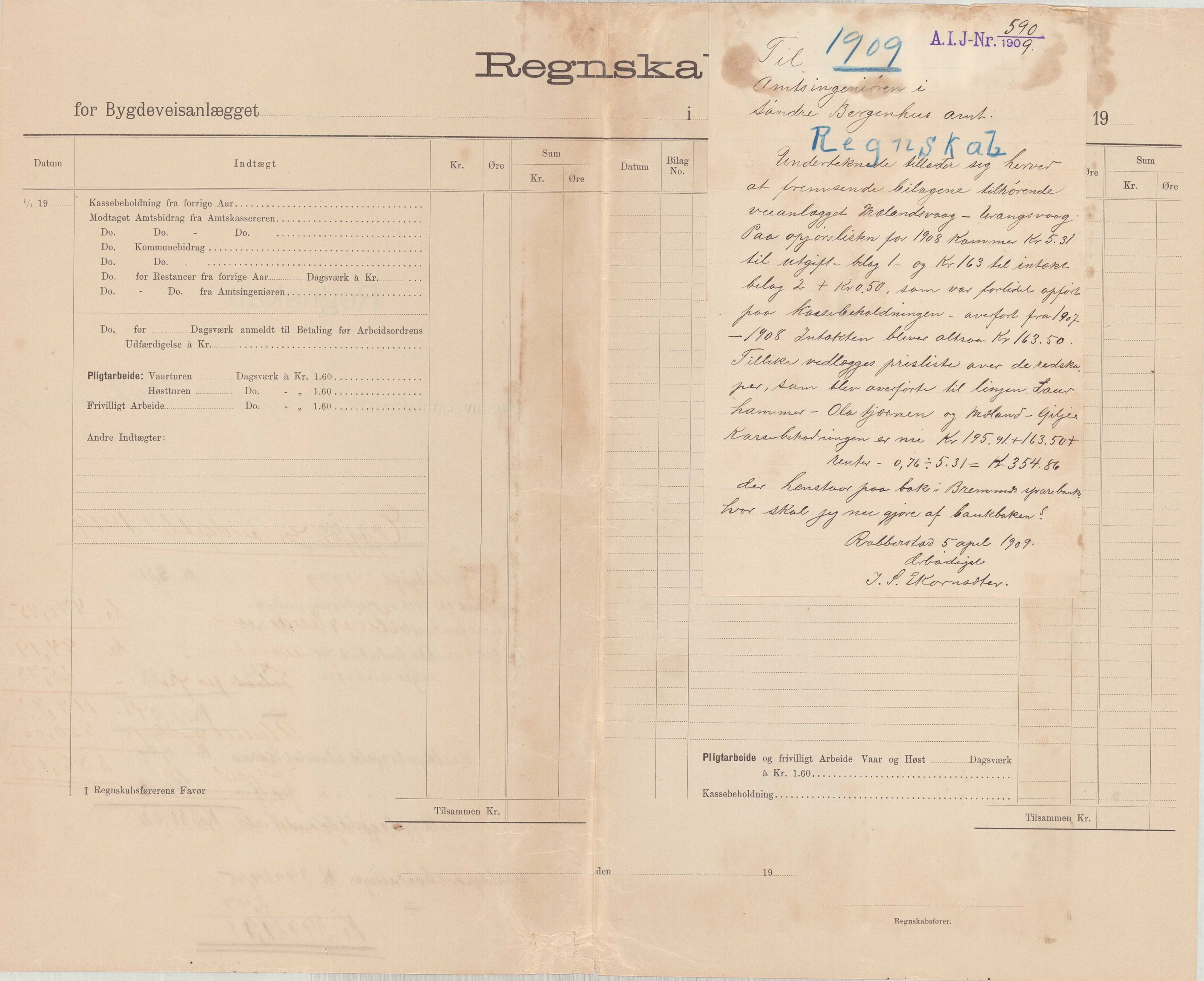 Finnaas kommune. Formannskapet, IKAH/1218a-021/E/Ea/L0002/0005: Rekneskap for veganlegg / Rekneskap for veganlegget Urangsvåg - Mælandsvåg, 1907-1909, p. 65