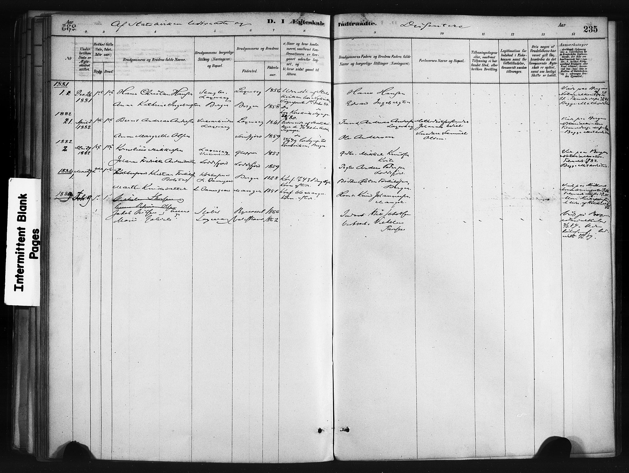 Askøy Sokneprestembete, SAB/A-74101/H/Ha/Haa/Haae/L0002: Parish register (official) no. E 2, 1878-1891, p. 235