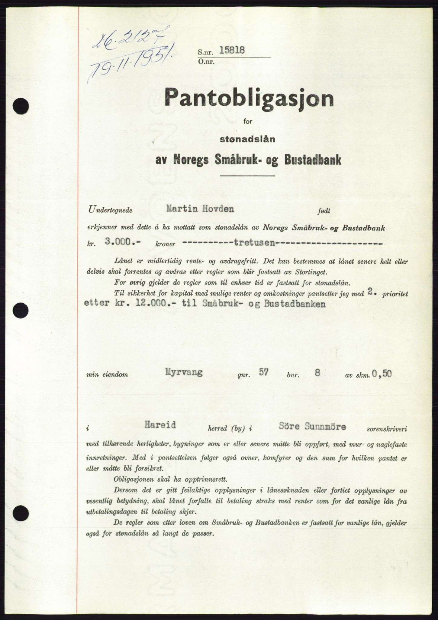 Søre Sunnmøre sorenskriveri, AV/SAT-A-4122/1/2/2C/L0120: Mortgage book no. 8B, 1951-1951, Diary no: : 2127/1951