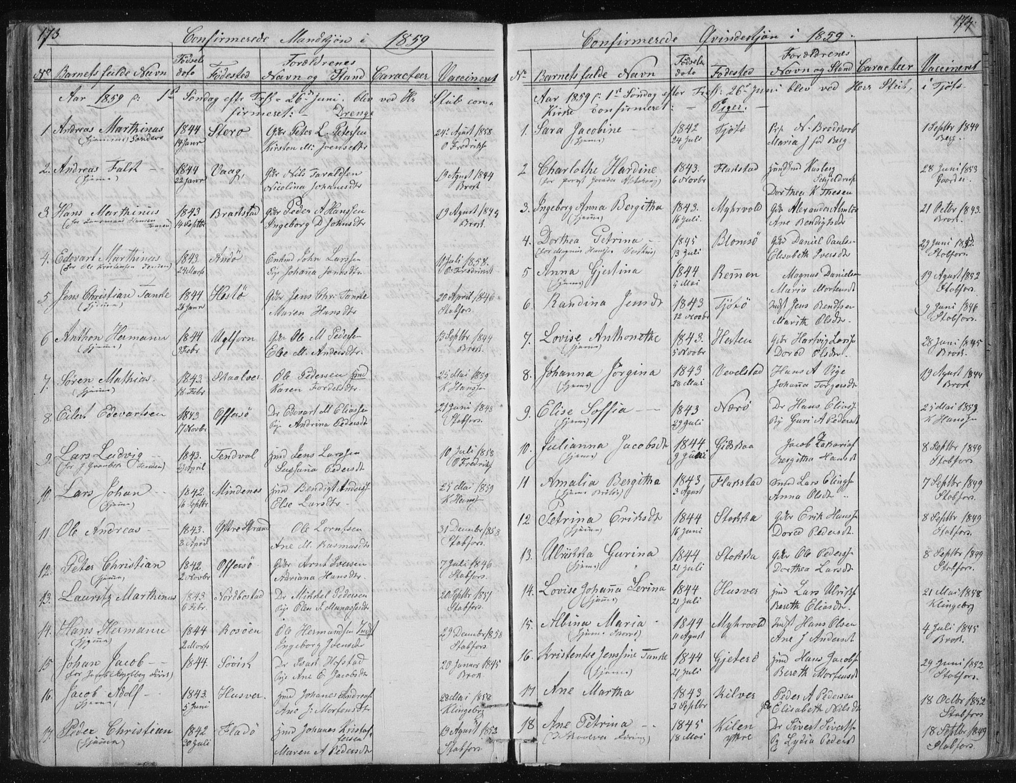 Ministerialprotokoller, klokkerbøker og fødselsregistre - Nordland, AV/SAT-A-1459/817/L0266: Parish register (copy) no. 817C01, 1841-1869, p. 173-174