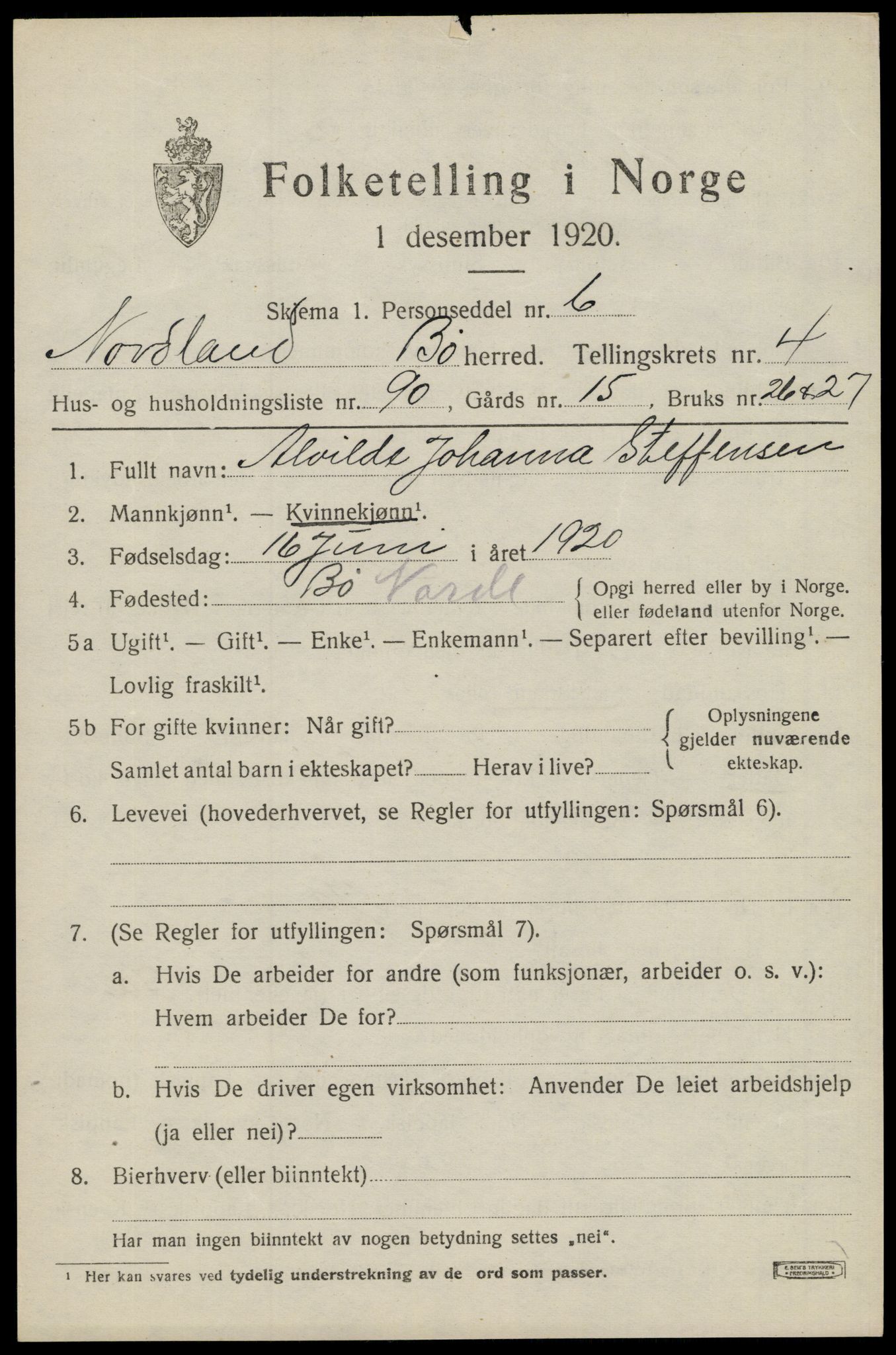 SAT, 1920 census for Bø, 1920, p. 4322