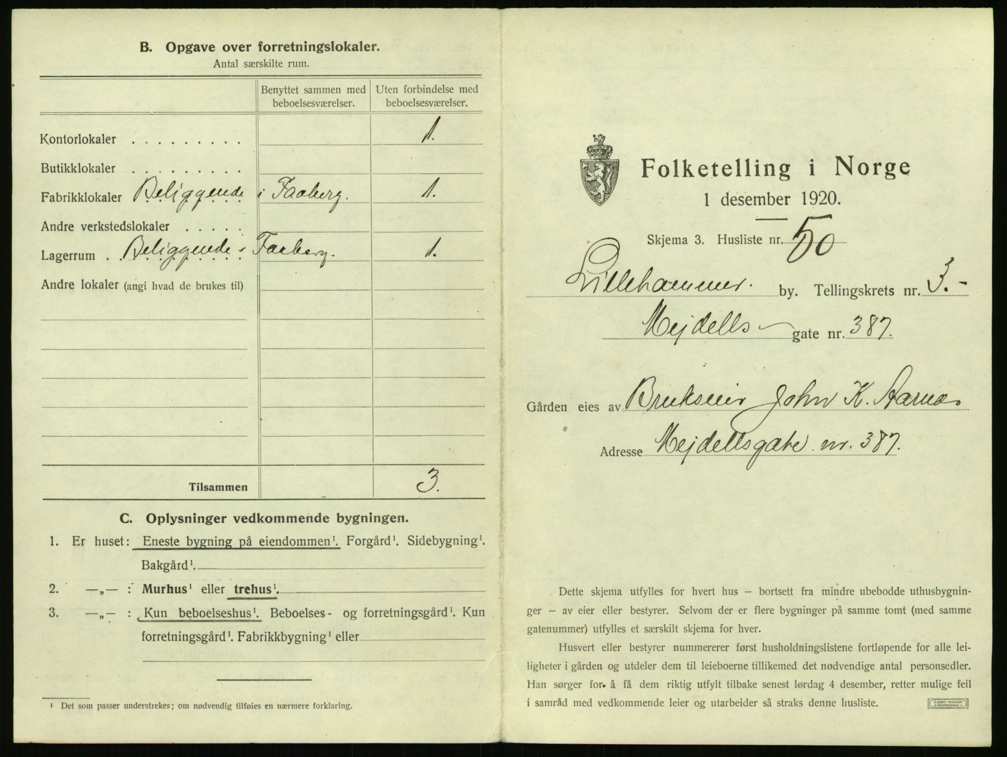 SAH, 1920 census for Lillehammer, 1920, p. 404