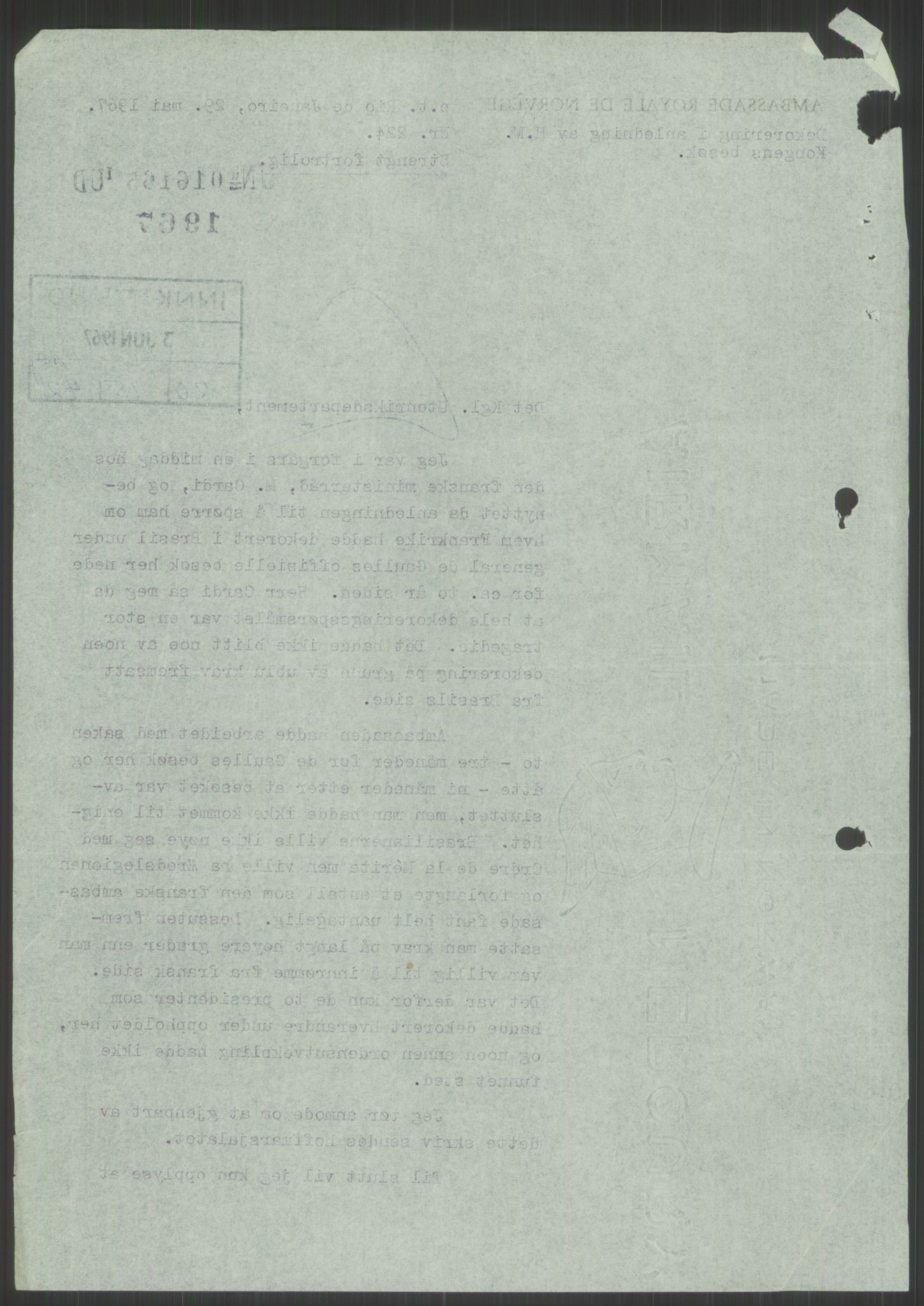 Utenriksdepartementet, hovedarkiv, AV/RA-S-6794/D/Da/Daa/L0542: Ordensvesen. Statsoverhoders og fyrsters jubiléer og begravelser. Ordensvesen. Statsoverhoders og fyrsters jubiléer og begravelser. Statsjubiléer. Fyrstebesøk (utvekslinger). Flåtebesøk (utvekslinger), 1960-1969, p. 1140