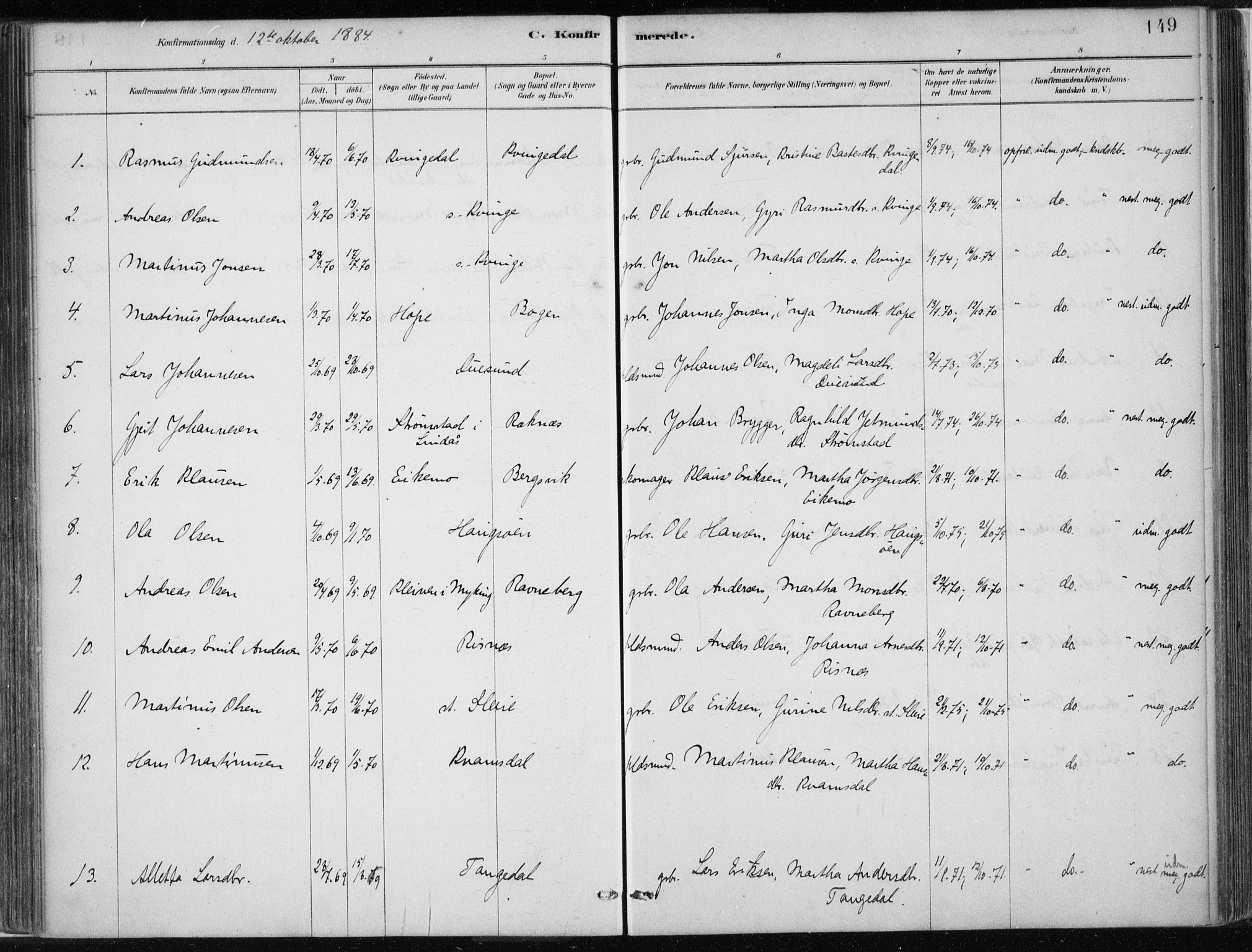 Masfjorden Sokneprestembete, SAB/A-77001: Parish register (official) no. B  1, 1876-1899, p. 149