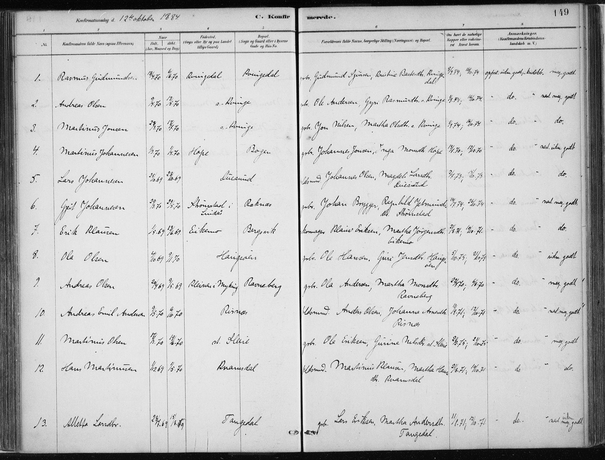 Masfjorden Sokneprestembete, AV/SAB-A-77001: Parish register (official) no. B  1, 1876-1899, p. 149